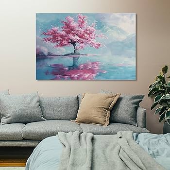 Amazon.co.jp: 絵画 川沿いに咲く桜の木インテリア 絵画 美しい