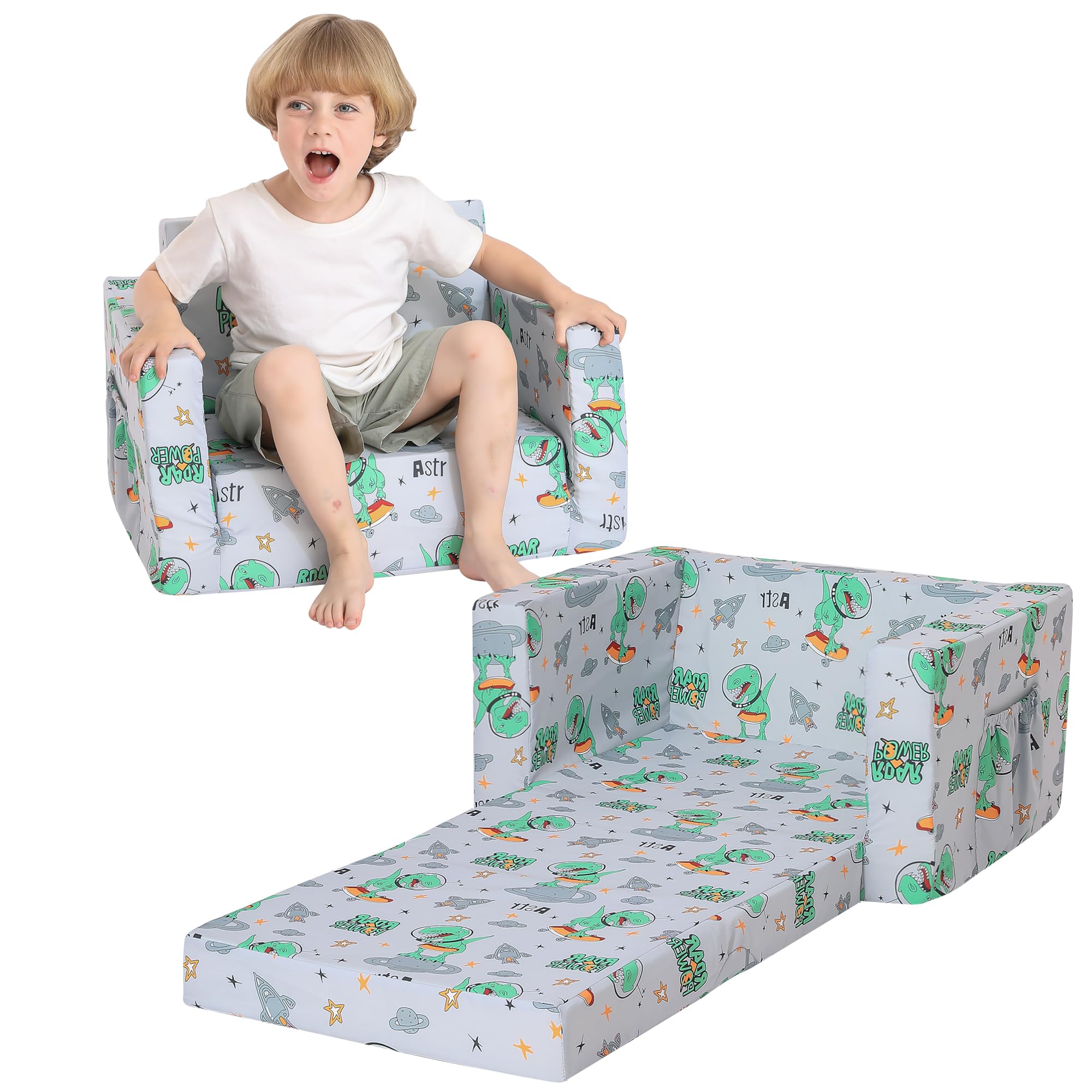 lasoftan Kids Couch for Toddler, 2-in-1 Toddler Chairs Couch Bed, with Double Pockets for Boys & Girls, Convertible Kids Furniture Lounge Chairs for Playroom - Gray Dinosaur