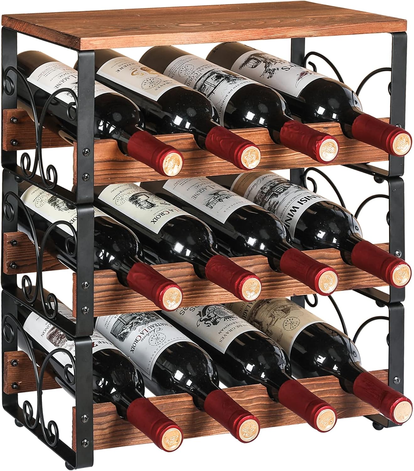 Countertop Wine Rack, 12 Bottle Wine Holder Stand for Table with Top Storage Shelf/Natural Solid Wood and Metal Structure, 3 Tier Stackable Wine Racks for Cabinet Home Kitchen Bar Hotel Restaurant