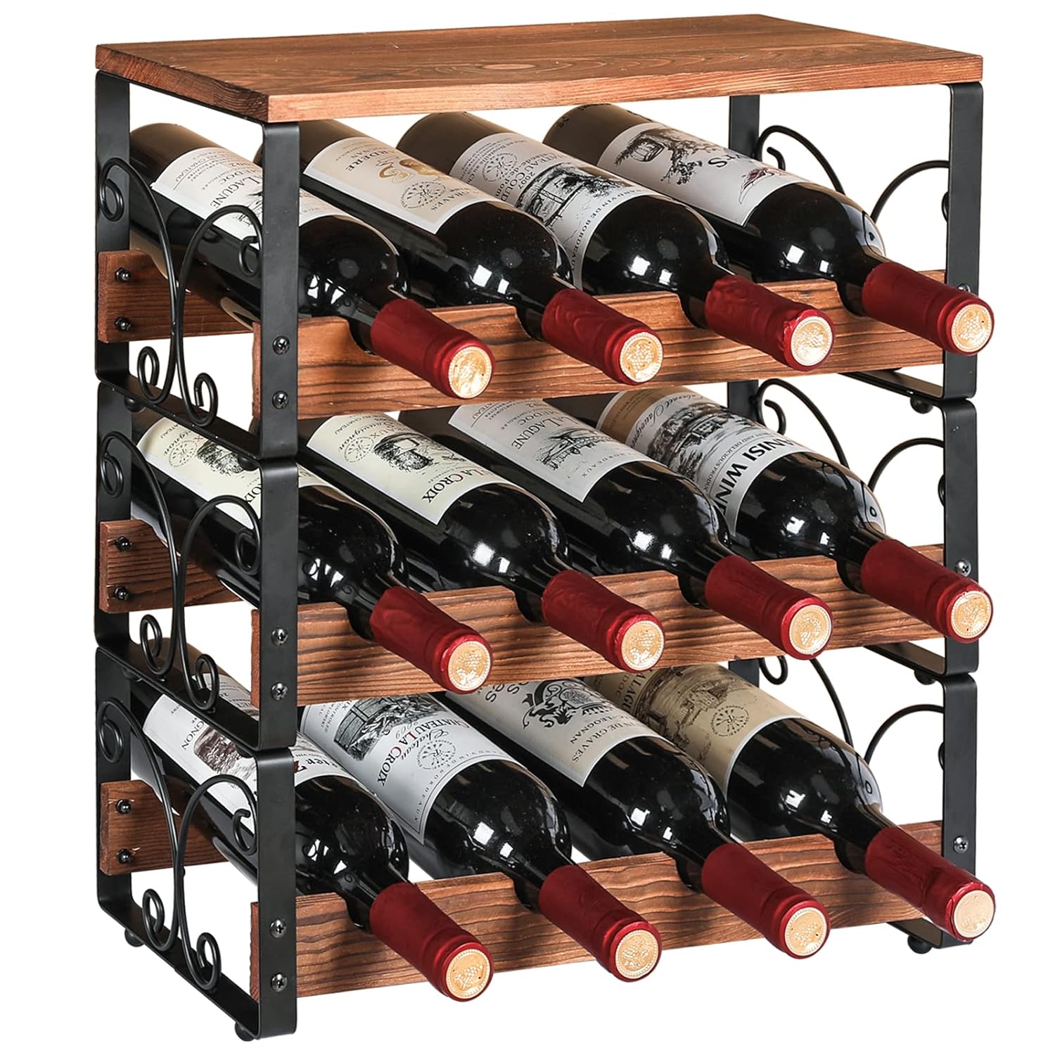 3 Tier Stackable 12 Bottle Wine Rack, Rustic Wine Holder Stand with Top