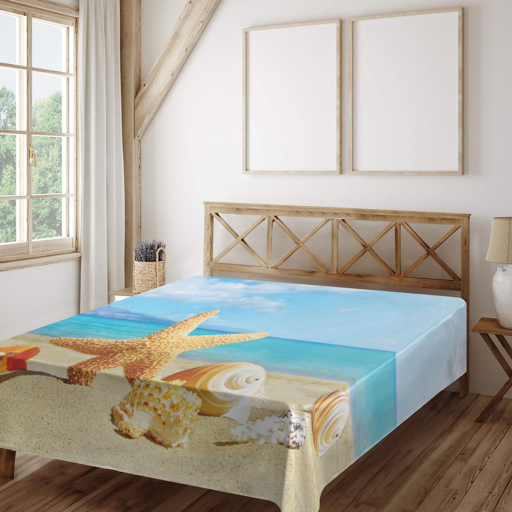 Ambesonne Seashells Flat Sheet, Summer Beach Theme and Sand with Rays in The Sky Clouds Seaside Marine, Soft Comfortable Top Sheet Decorative Bedding 1 Piece, Queen Size, Aqua Ivory Mustard