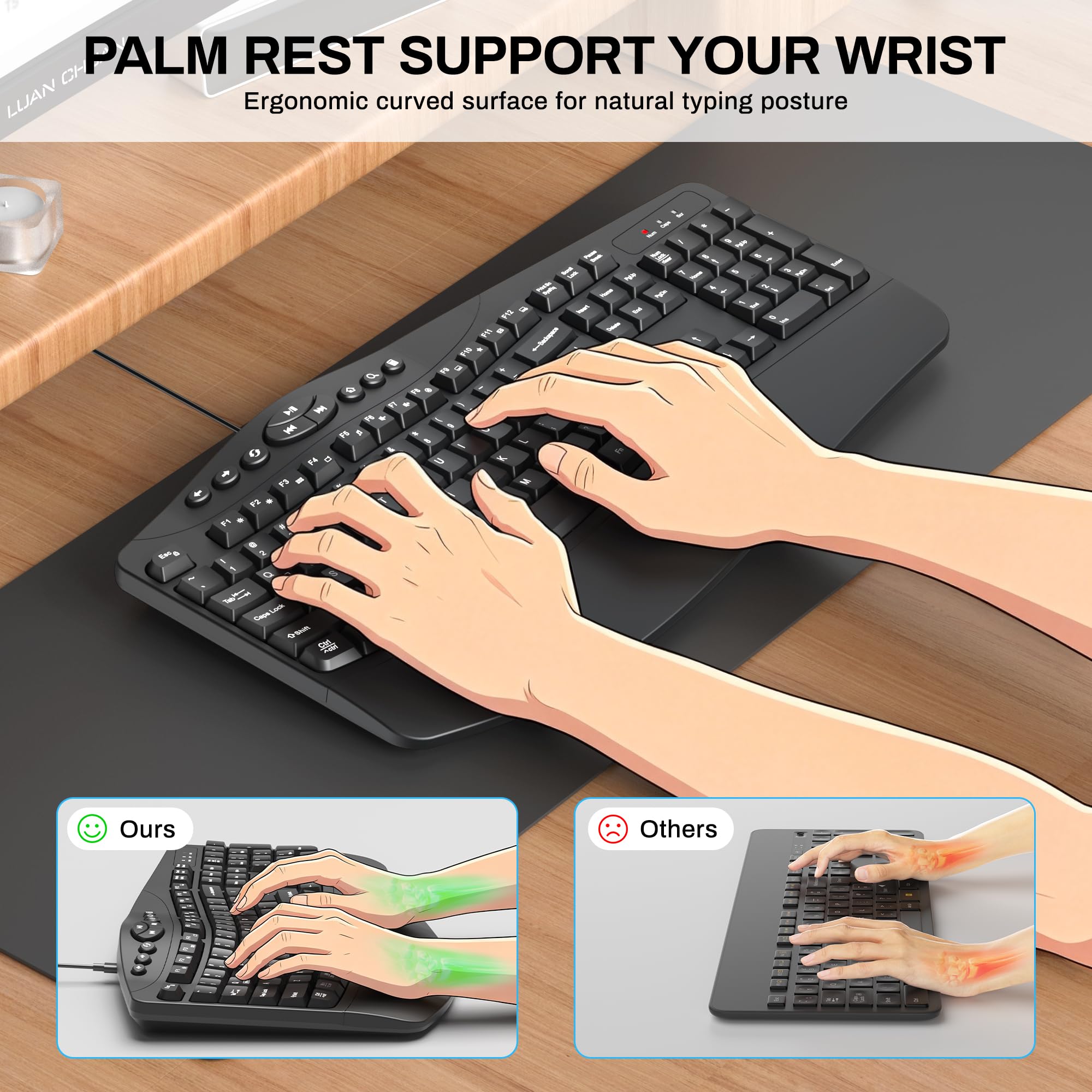 Tastiera ergonomica cablata con poggiapolsi, 9 tasti di scelta rapida