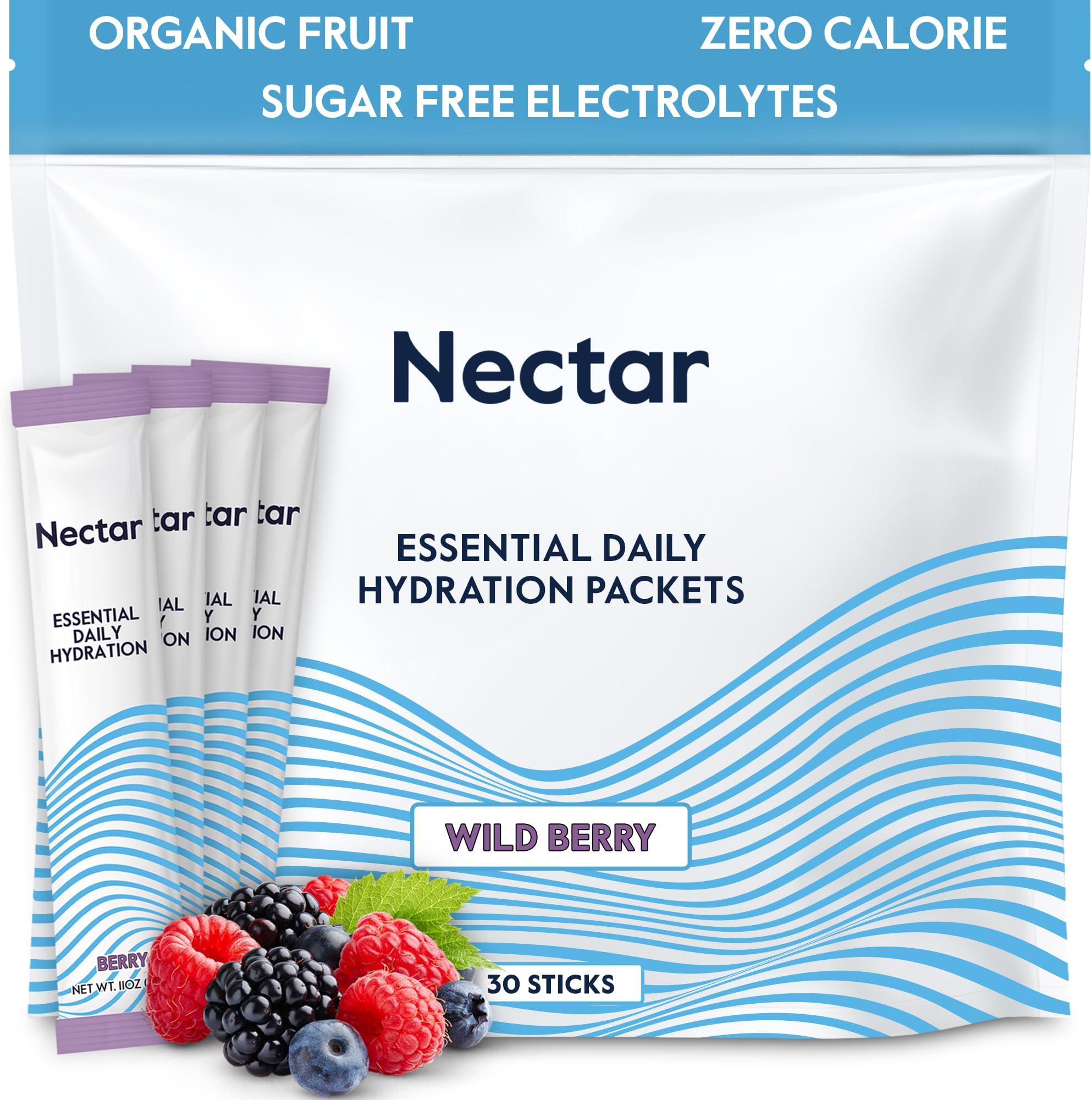 Nectar Hydration Packets - Electrolytes Powder Packets - No Sugar or Calories - Organic Fruit Liquid Daily IV Electrolytes Powder for Clean Dehydration Relief and Rapid Rehydration (Berry 30 Pack)