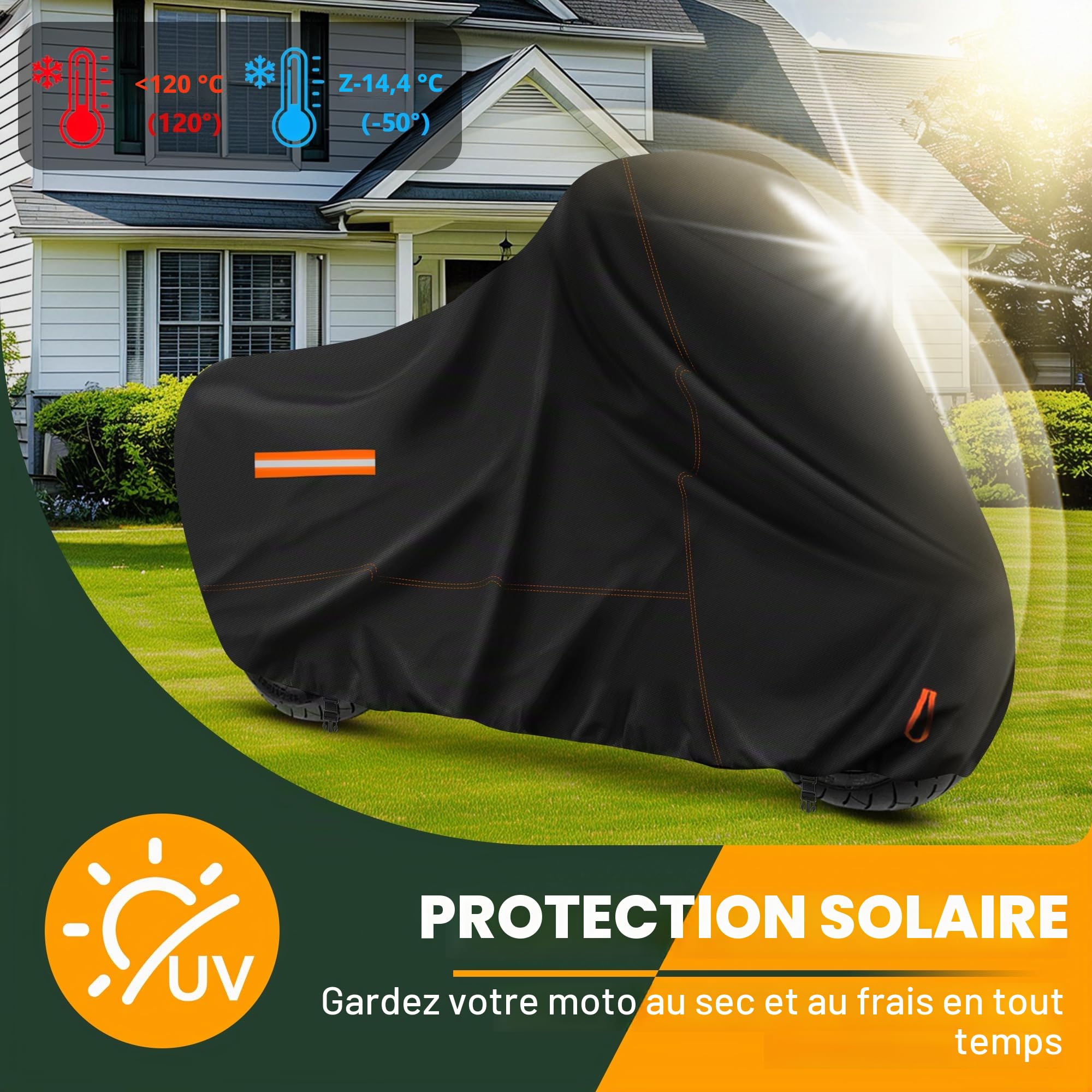 Enzeno Housse Moto Exterieur Impermeable,Bache Moto Interieur 210D Protection au Pluie Poussière UV Hiver Été,Couverture pour Scooter Mobylette Street/Aventure/Cruiser/Touring - 275x105x125cm