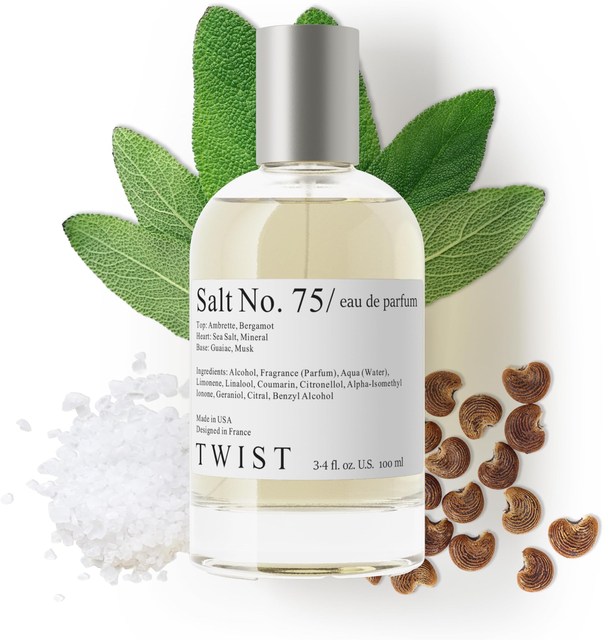 Twist Salt No. 75 - Eau De Parfum Inspired by J. Malone Wood Sage & Sea Salt, Long-Lasting Perfume For Women & Men, Paraben Free, Vegan, Clean Ingredients, Unisex - Spray 100 ml | 3.4 fl. oz.