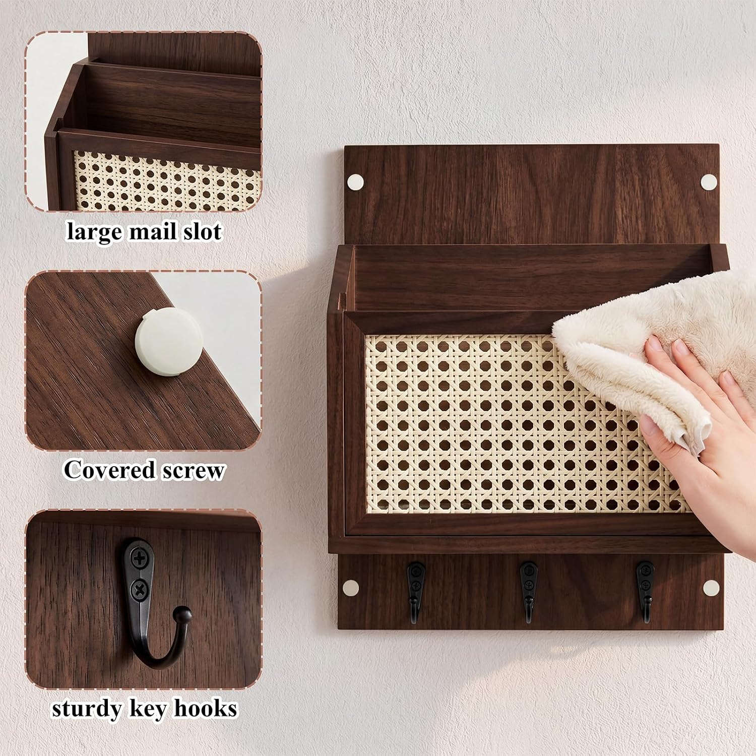 Rattan Mail and Key Holder Wall Mounted, Wood Magazine Mail Sorter Rack Wall Organizer with 2 Slots 3 Hooks for Coat, Dog Leash, Decorative Key Rack for Entryway,Living Room (Dark Brown) image 5