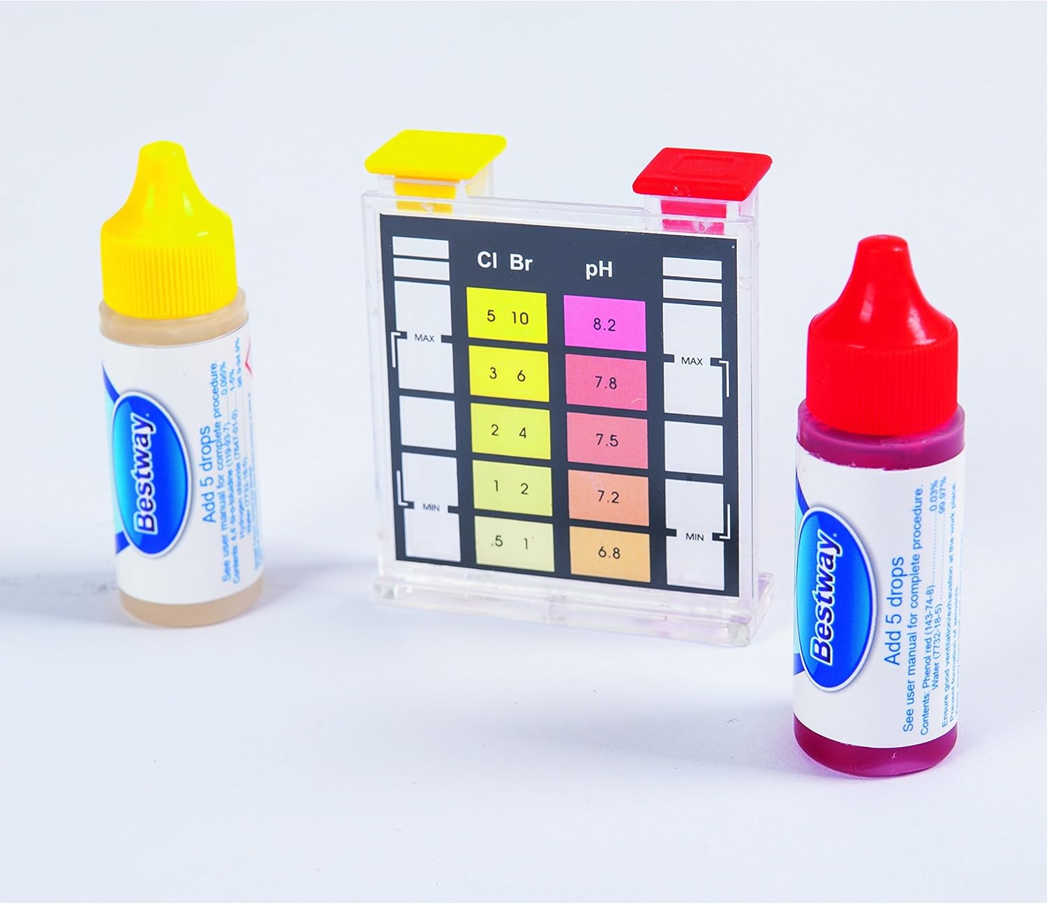 Close-up of the Bestway test kit components: yellow OTO reagent bottle, clear test block with color chart, and red Phenol Red reagent bottle.