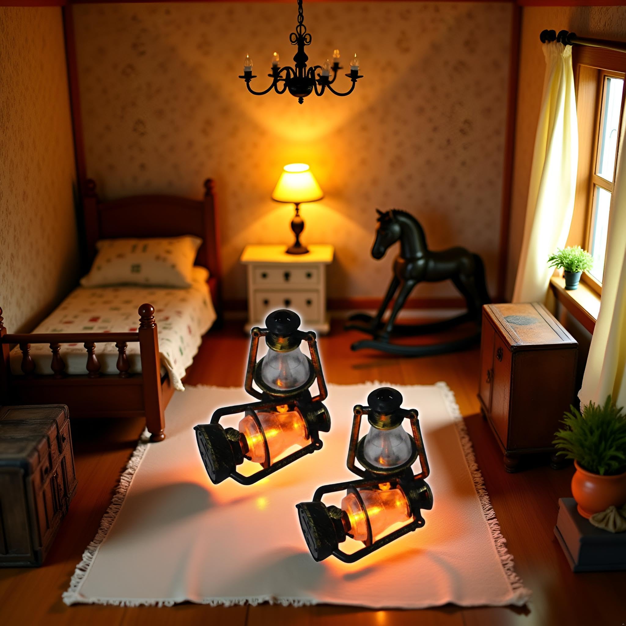 2Pcs Miniature Lamps for Dollhouse,Doll House Miniature Retro Oil Lantern Dollhouse Accessories Scene Ornaments Dollhouse Miniature Scene Model Hurricane Lantern Kerosene Lamp - Image 2