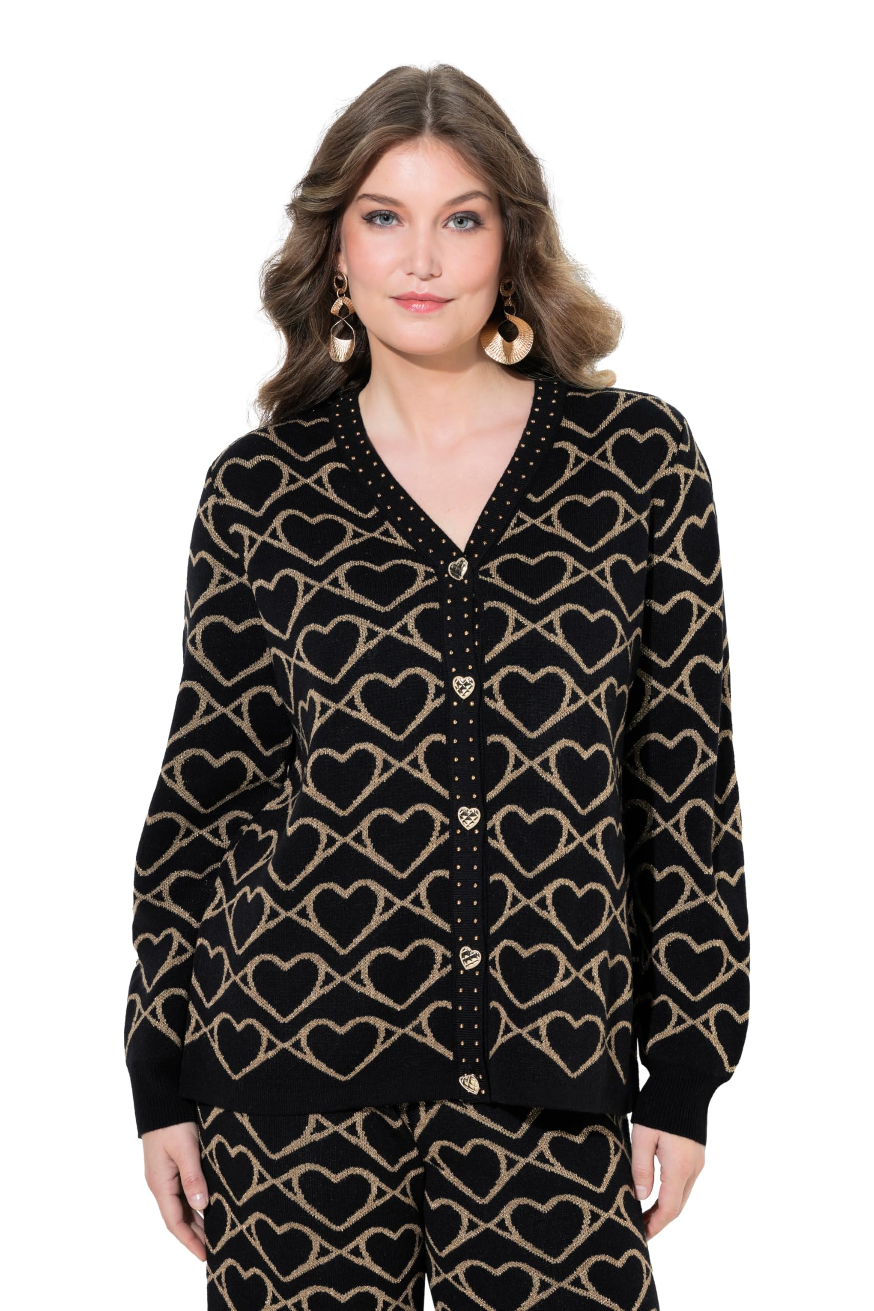 MIAMODA Damen große Größen Übergrößen Plus Size Strickjacke, Straight Fit, goldenes Herzmuster, Zienieten 848569