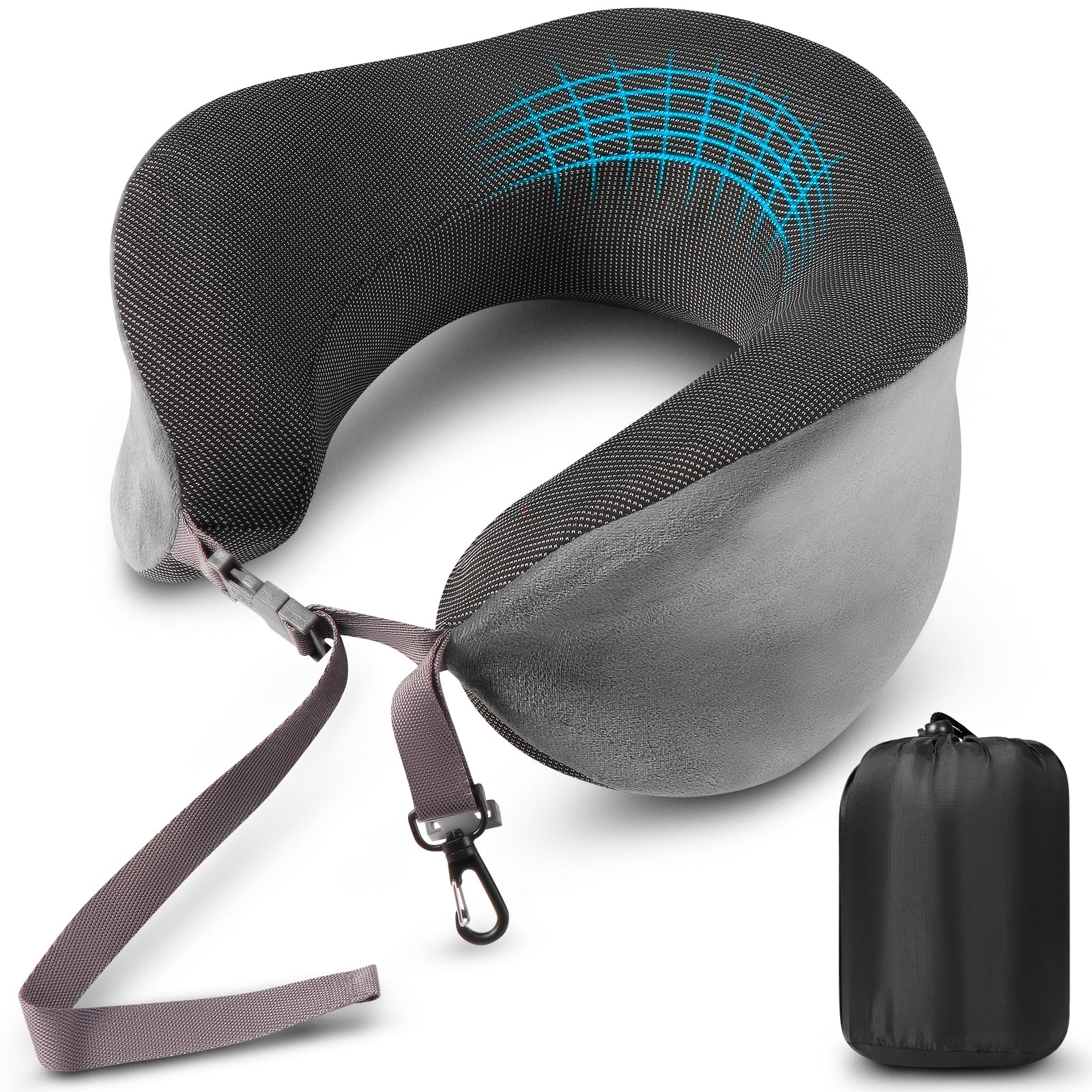 Blendura Almohada de Viaje, Almohada Cervical de Espuma Viscoelástica, Almohada de avión con Bolsa de Transporte Incluida, Adecuada para cojín de Cuello para avión, Coche, Oficina, Gris