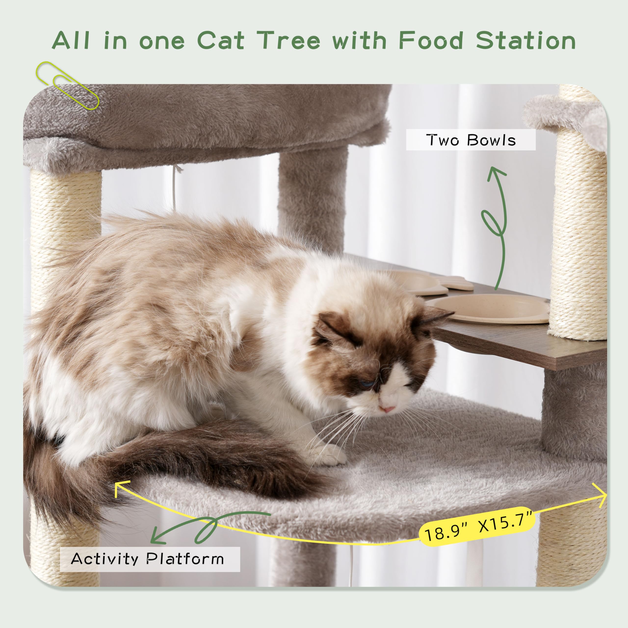 Gitelsnour Arbre à Chat avec Station d’Alimentation et Plateforme en Bois, Arbre de 167 cm avec Tunnel et Niche pour Chat, 11 poteaux à griffer en sisal, Plateforme supérieure, Gris Clair GCT021W