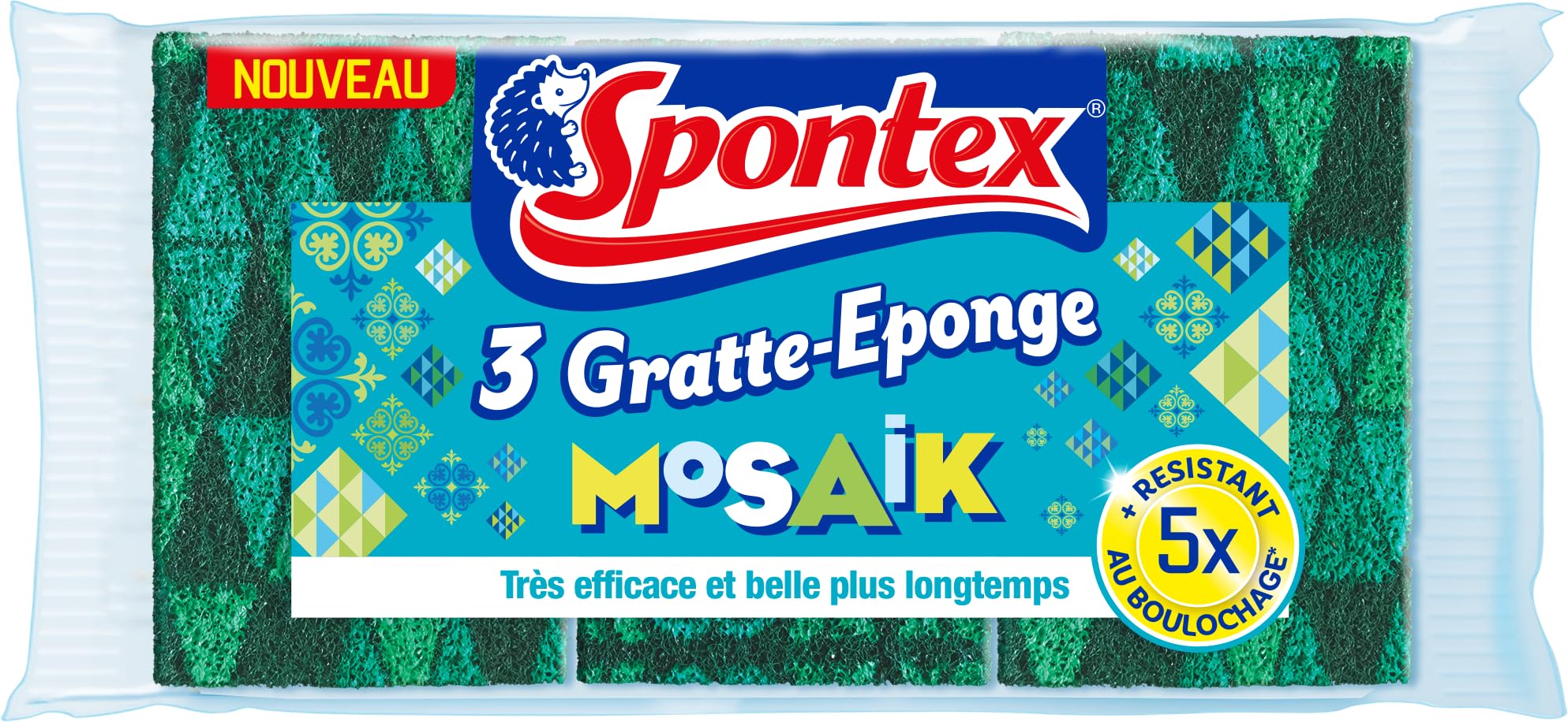 Spontex Mosaik 3 Efficient Gratte-Eponge, 100% Biodegradable, Stops Odors and Stays Fresher, Antibacterial Protection, Absorbent and Flexible, Resistant and Long Lasting, Yellow/Green, 4 Pieces
