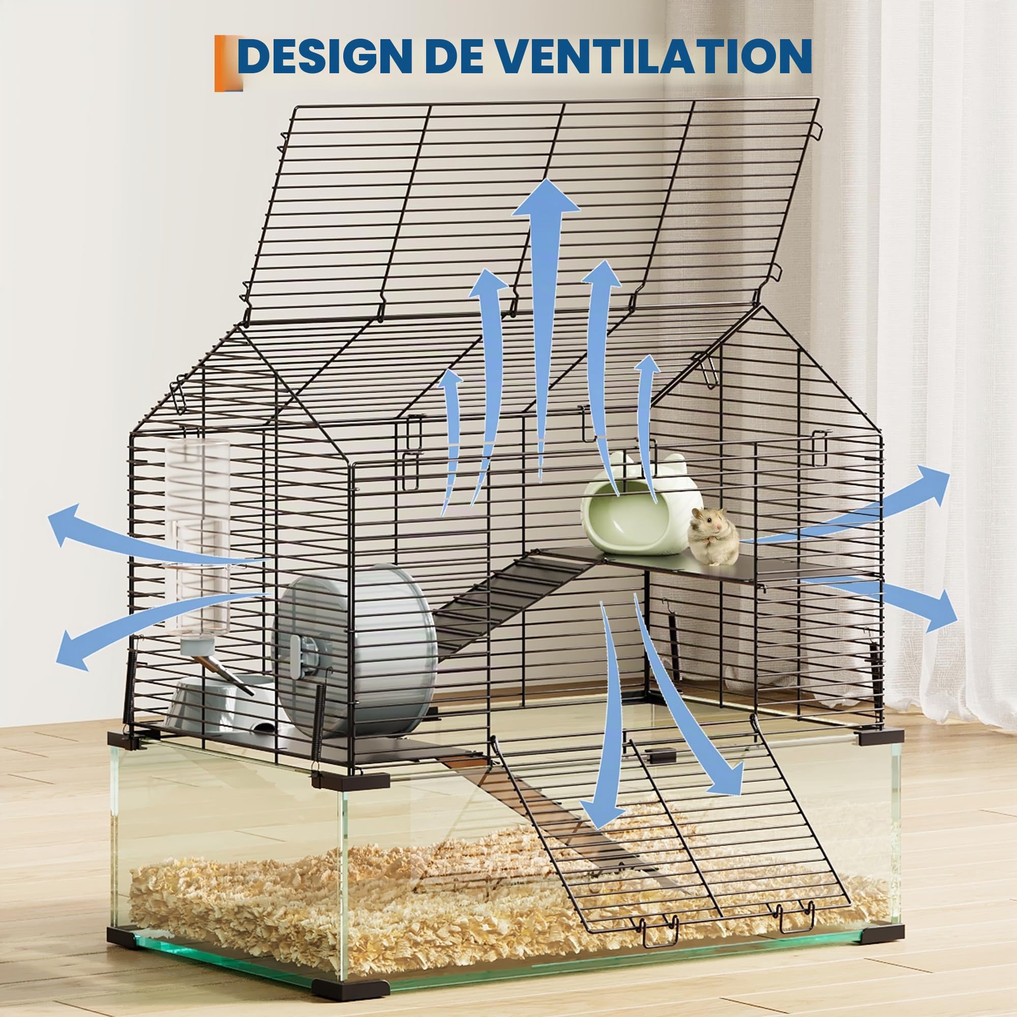 Garvee Grand Cage à Hamster 3 Niveaux, Fond en Verre trempé Profond – Habitat Transparent avec Roue d'exercice, maisonnette, biberon, gamelle – Convient Hamster syrien, Nain, Gerbille, Souris, Cochon