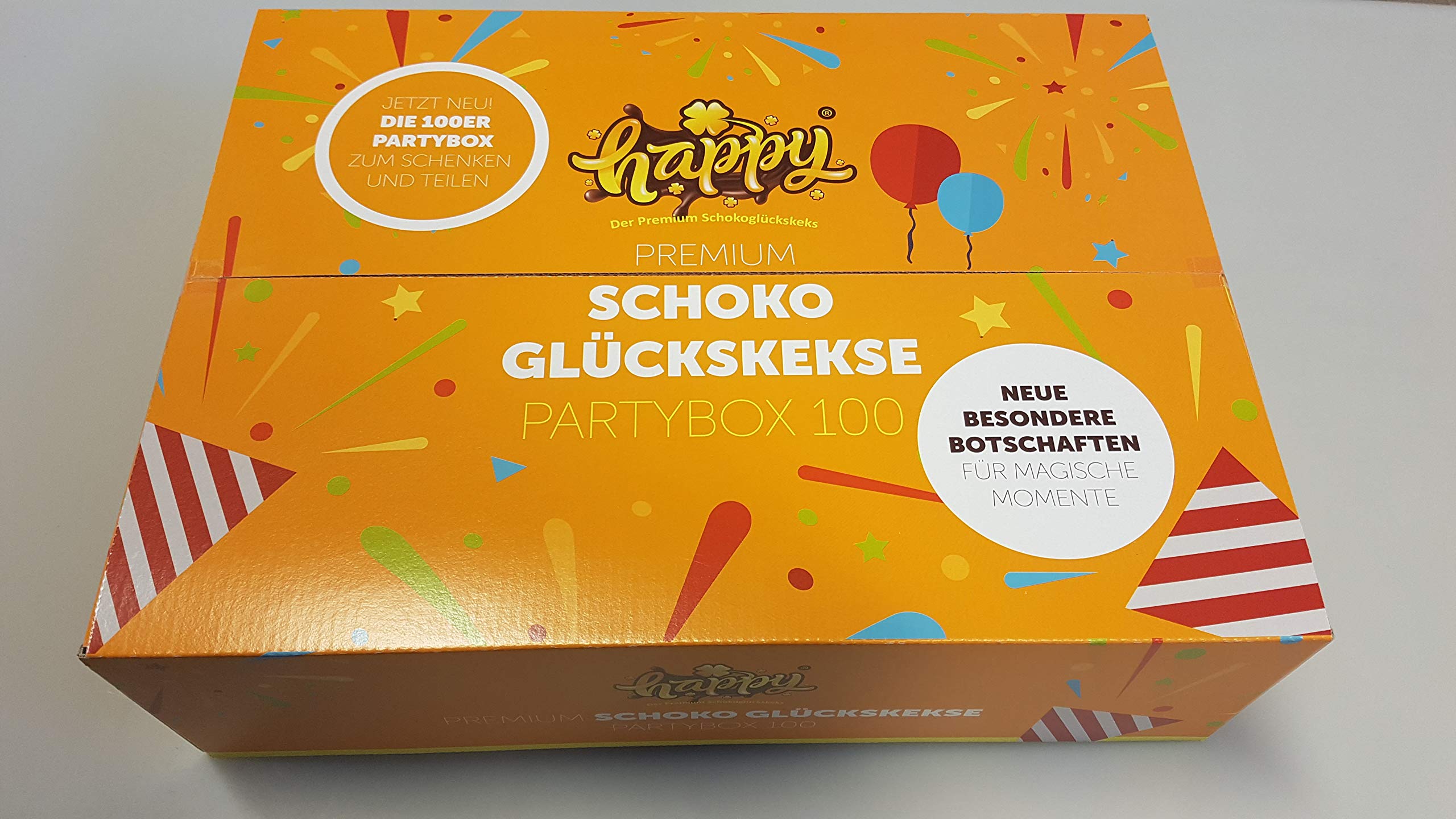 Glückskeks Happy Schoko Partybox (100 Kekse) Happy Schoko Glückskeks " Vegan, Schoko " in einer 100er Box, mit inspirierenden Botschaften (1Box = 100 Glueckskekse a 6g)
