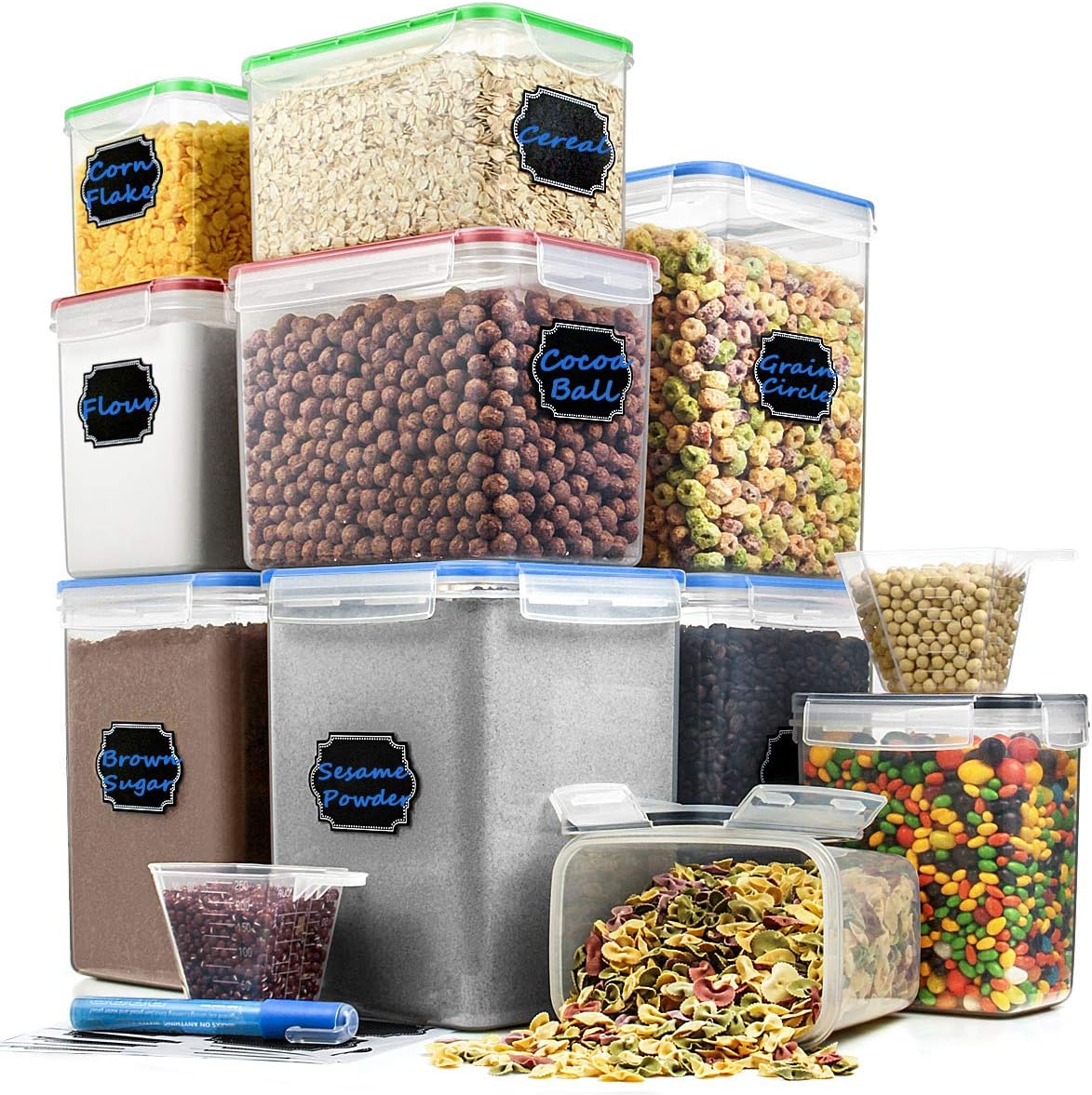 Cereal Containers Flour and Sugar Storage Containers - Hangoes (set of 10) Airtight Plastic Storage Containers with Lids for Cereal, Flour, Sugar, Baking Supplies, BPA-Free & Dishwasher Safe