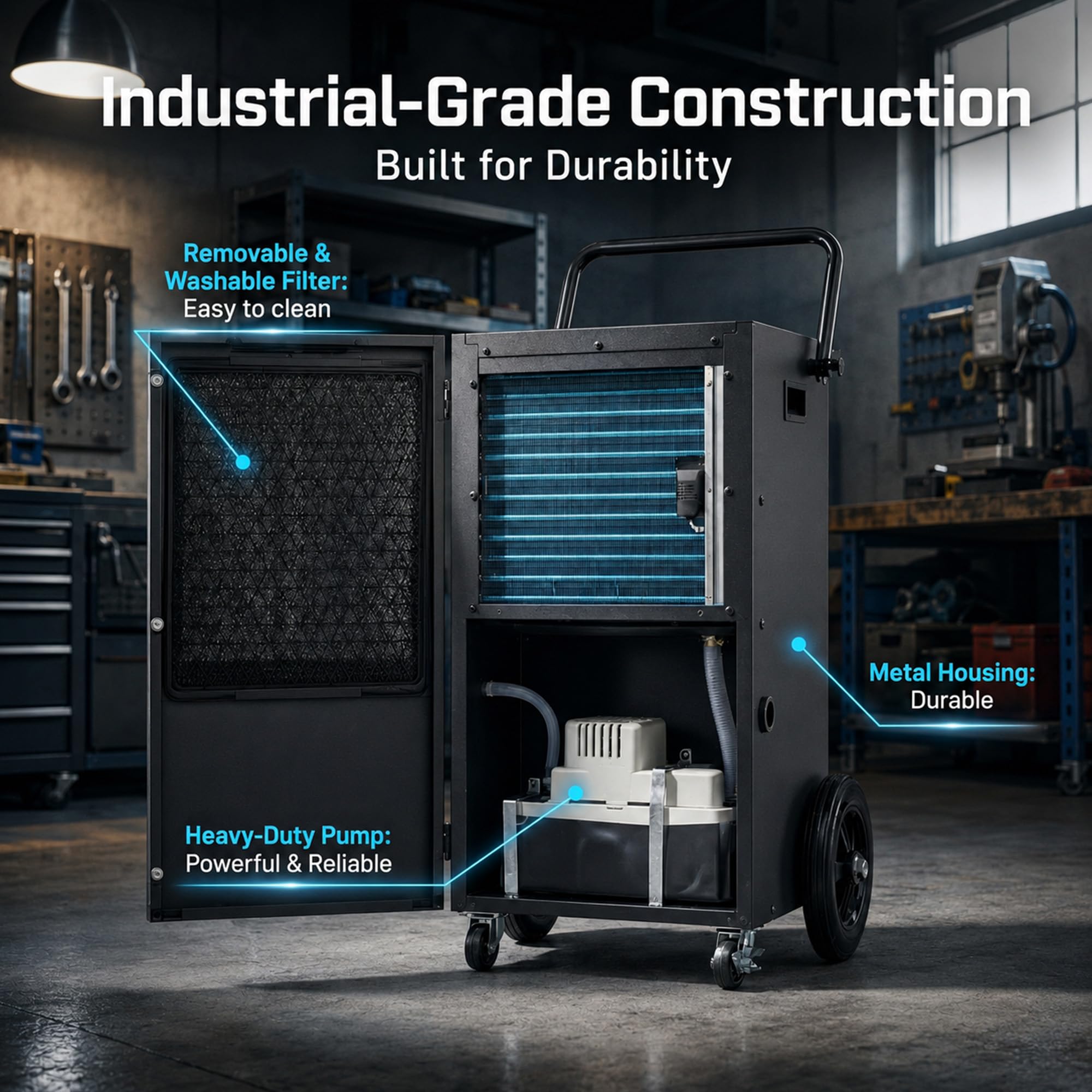Kalopsia Industriel Déshumidificateur d'Air Électrique: 120L/Jour Couvre 300m²/600m³ avec Pompe de Relevage 24Hr Minuterie Pour Cave/Bureau/Garage/Cuisine/Salle de Bain