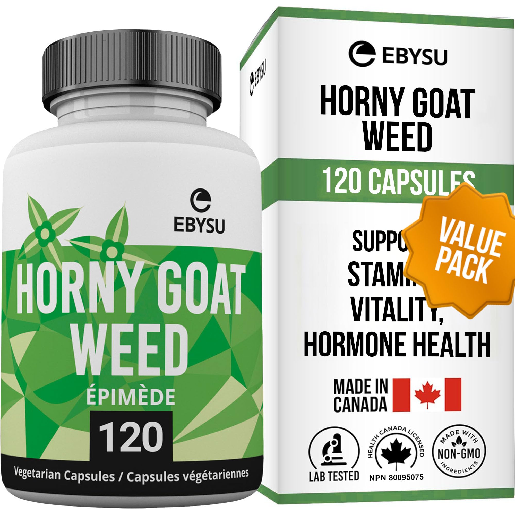 EBYSU Horny Goat Weed (Made in Canada) – 120 Capsules – Booster Male Enhancing Supplement – Workout Supplement – Source of Amino Acids involved in Muscle Protein Synthesis – Antioxidants – Vegan