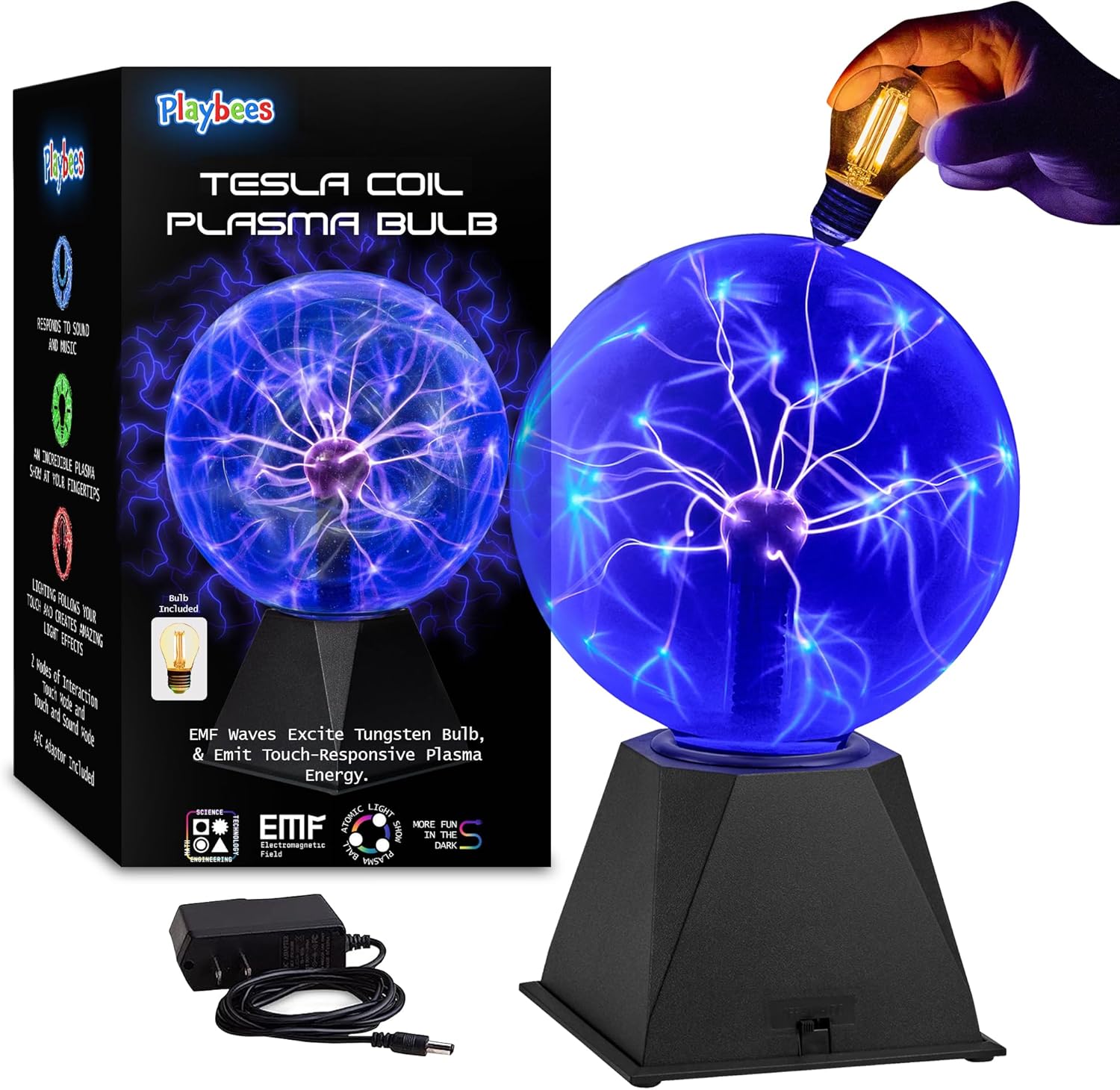 Playbees Blue Plasma Ball - 7 Inch - Tesla Coil Bulb Static Electricity in a Vacuum Pressurized Glass Globe, Nebula, Thunder Lightning, Plug-in - for Parties, Decorations, Prop, STEM