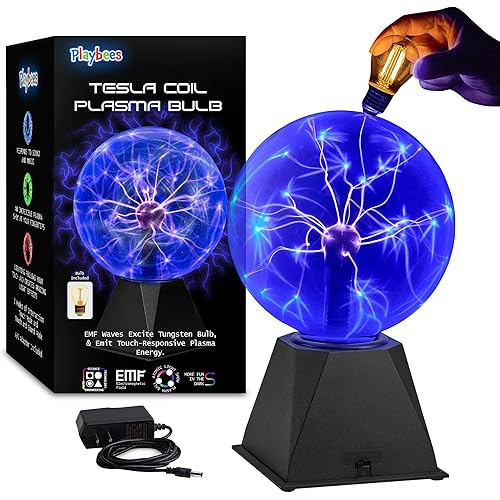 Playbees Blue Plasma Ball - 7 Inch - Tesla Coil Bulb Static Electricity in a Vacuum Pressurized Glass Globe, Nebula, Thunder Lightning, Plug-in - for Parties, Decorations, Prop, STEM