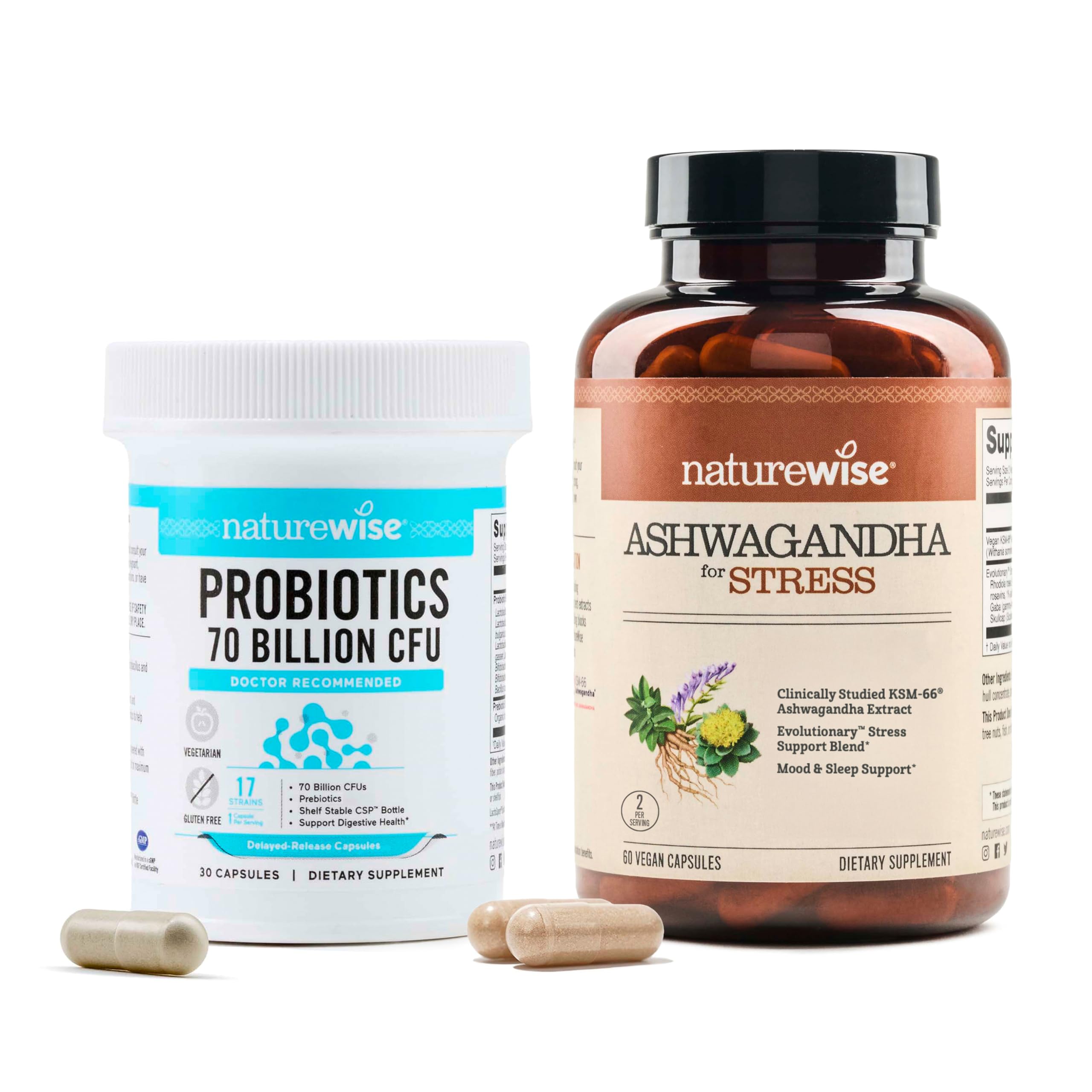 NatureWise [1] Probiotics 70 Billion CFU + Organic Prebiotics - 30 Capsules[1-Month Supply] + [1] Ashwagandha for Stress + GABA & L-Theanine - 60 Capsules[30-Da