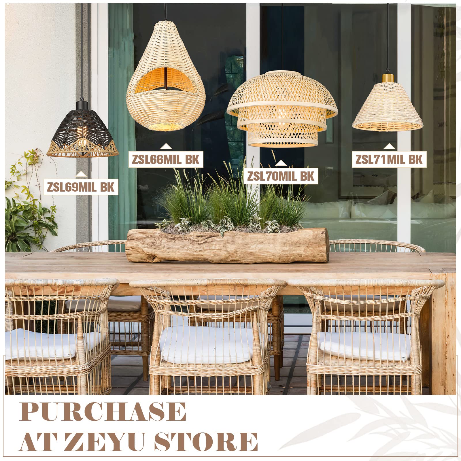 zeyu 2-Light Farmhouse Bamboo Pendant Light, 12.6 Inch Rattan