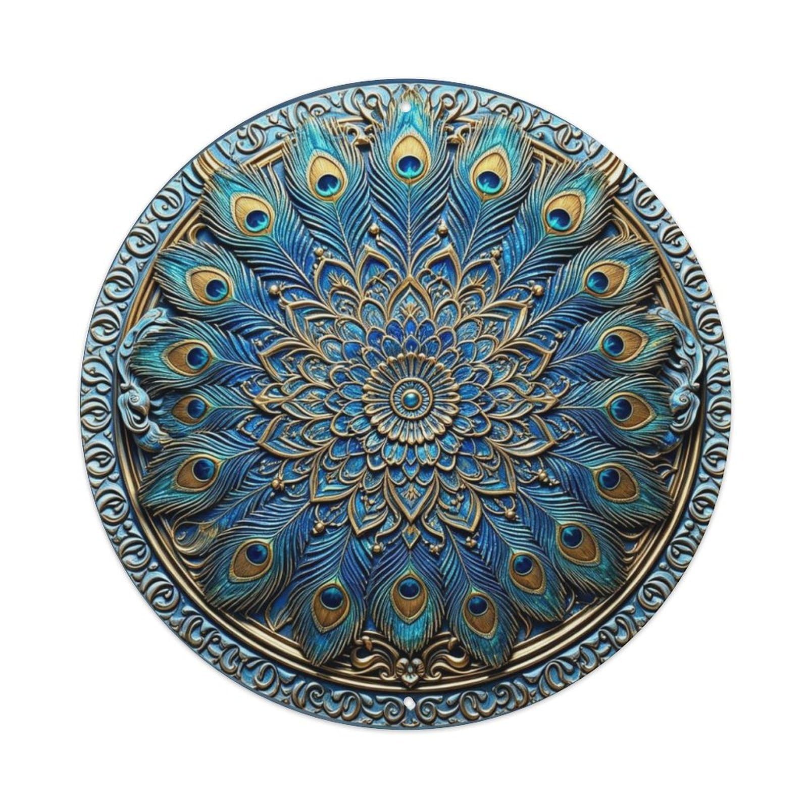 Peacock Feather Mandala 3D Ornate Metal Tin Sign Plaque