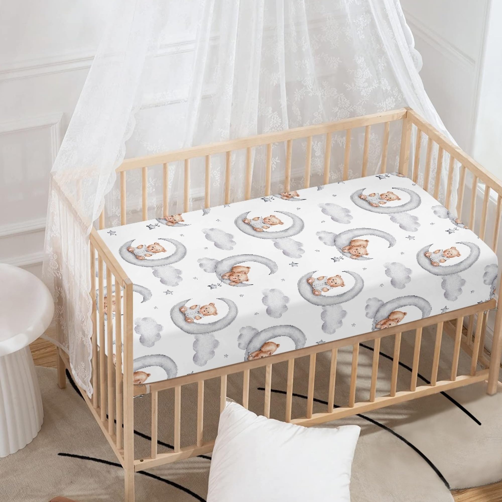 Sábana bajera ajustable para cuna, diseño de osos de peluche, color gris, para cuna, luna, estrellas, nubes, para cuna, para niños y niñas, 71 x 132 cm