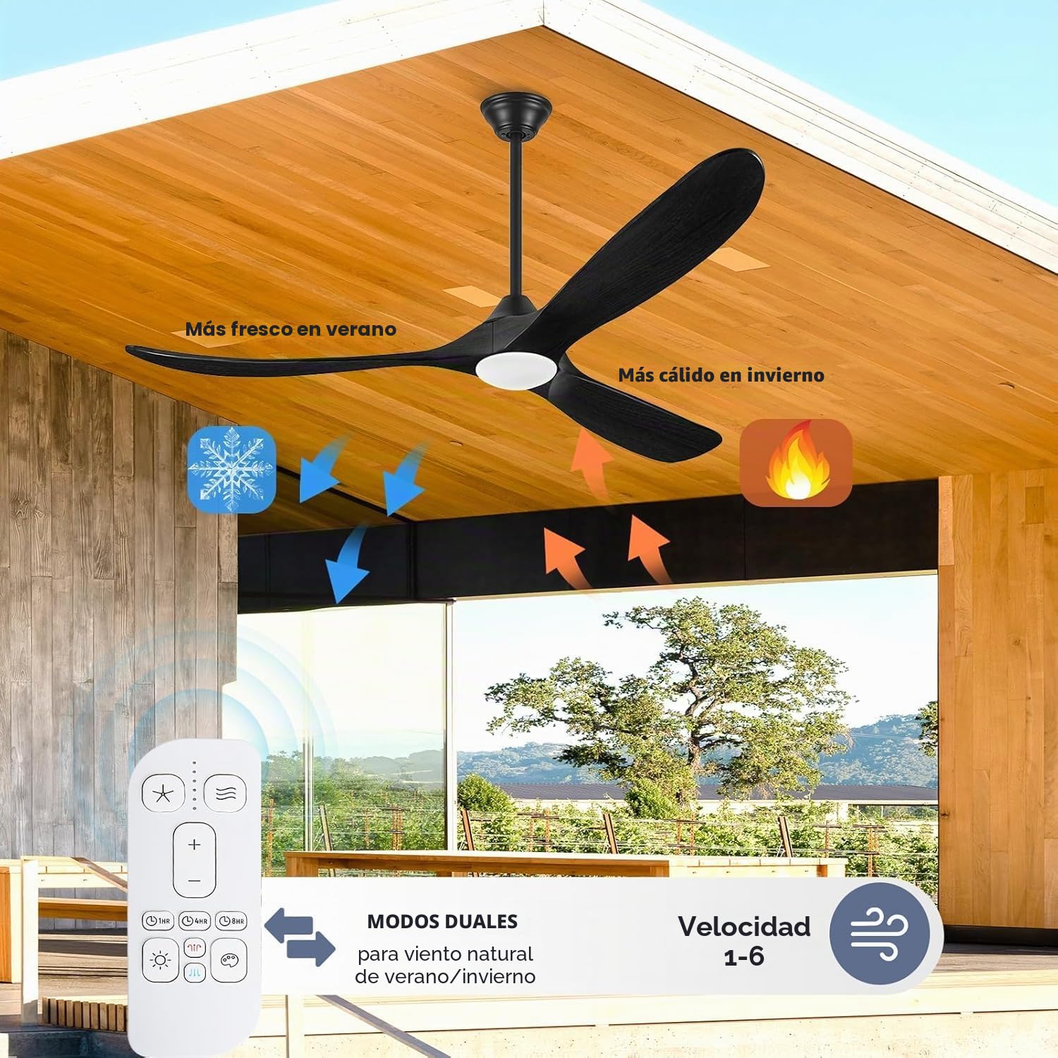 Ventilador De Techo Exterior De Madera Negra De 178 Cm Con Luz, Moderno Ventilador De Techo De 3 Aspas Con Control Remoto, Silencioso Motor De Cc Reversible.