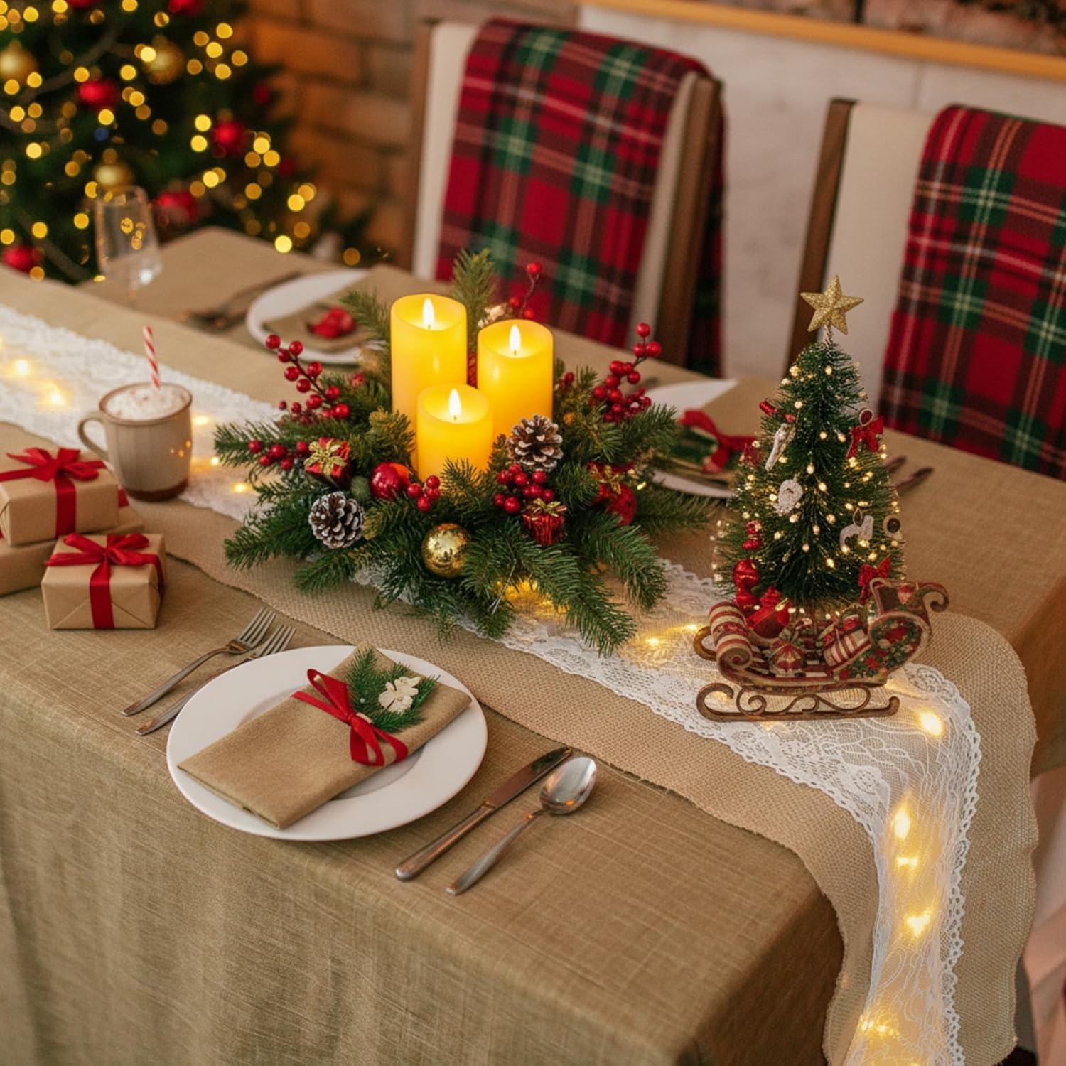 Xinnun 6 Pack Burlap Table Runner with LED String Lights, Modern Rustic Lace Natural Vintage Boho Jute Wedding Table Decor for Farmhouse Thanksgiving Christmas(Thanksgiving Harvest Style,12x70 Inches)