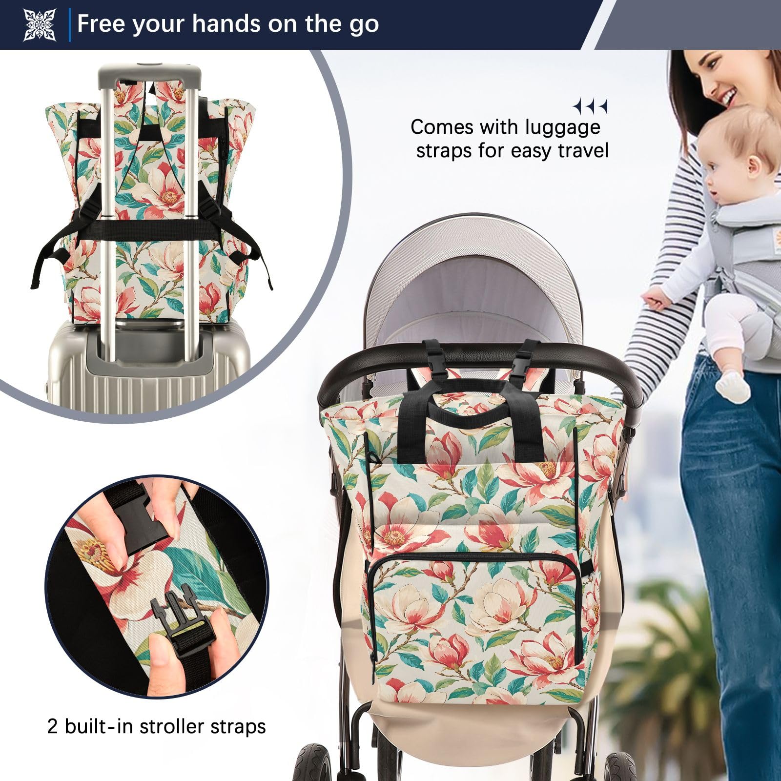 Mnsruu Red Gardenia Pattern Baby Diaper Bag Zaino Grande Borsa Impermeabile Viaggio Pannolino Borse per Mamme e Papà