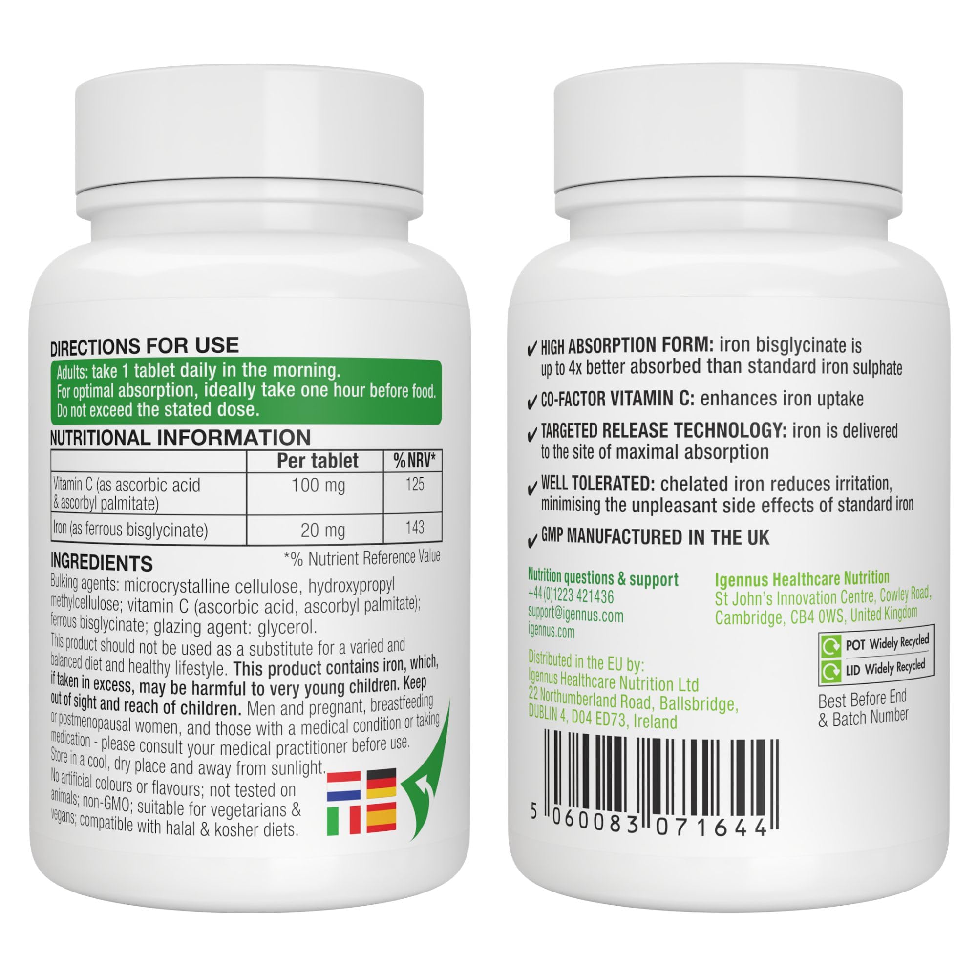 Igennus Ferro Bisglicinato 20mg con Vitamina C 100mg, Alto Assorbimento e Rilascio Mirato, Delicato sullo Stomaco, Integratore Ferro per Stanchezza, Ingredienti Puri, 180 Compresse Vegane, 1 al giorno