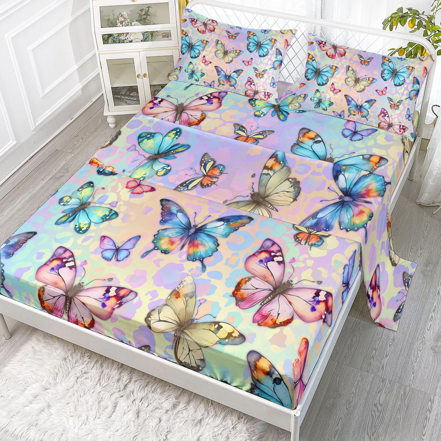 Juego de sábanas de mariposas de 4 piezas para niños, juego de sábanas con estampado de mariposas en acuarela con 1 sábana encimera y 1 sábana bajera + 2 fundas de almohada (mariposas