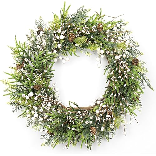 VioletEverGarden Artificial Christmas Wreath 22 Inch Christmas Wreaths for Front Door Large Winter Wreath with Pine Cones White Berries for Outdoor Indoor Holiday Xmas Celebration (White)