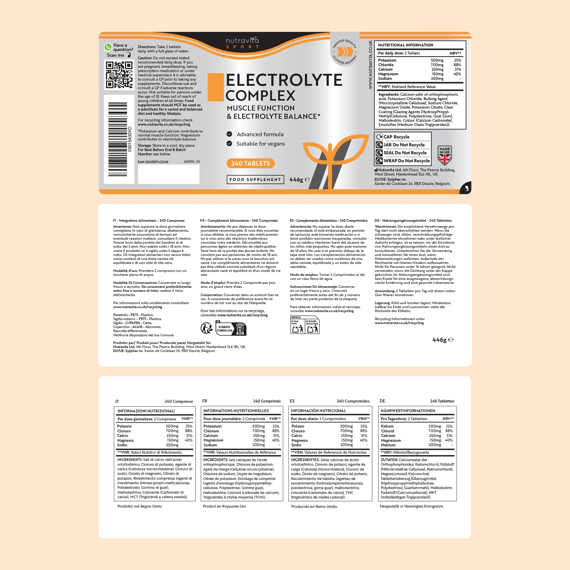 Nutravita Electrolitos Complejo - 240 Comprimidos Veganos - Potasio y Magnesio, Calcio, Cloruro, Sodio - Electrolitos sin Azucar - Función Muscular, Equilibrio Electrolítico - Electrolytes Hidratacion