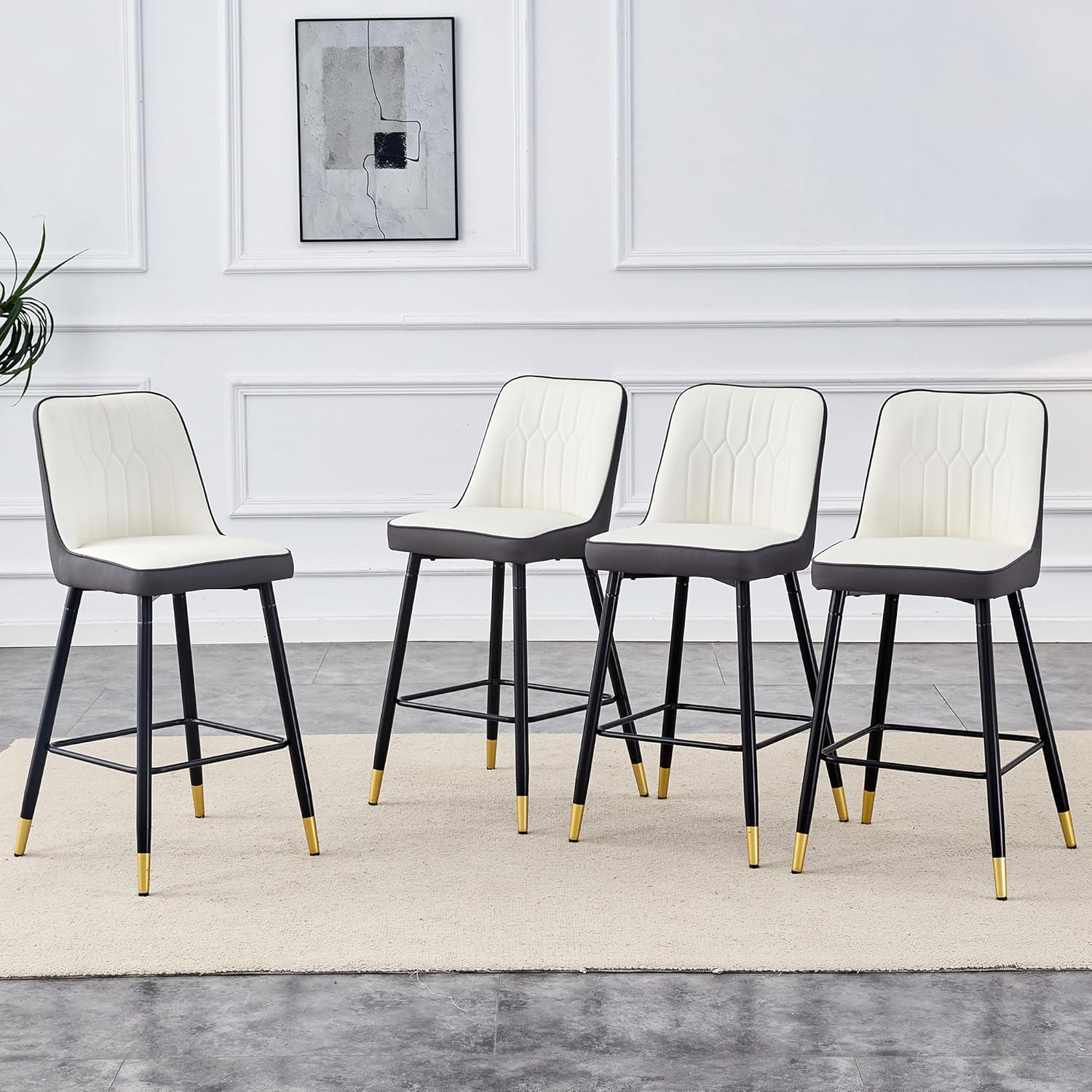 Bar Stools Set of 4,Counter Height Bar Stools with Backs,27'' White Bar Stools with Chrome Plated Metal Leg,Modern Upholstered High Bar Chair for Kitchen Counter Dining Island Bar Pub
