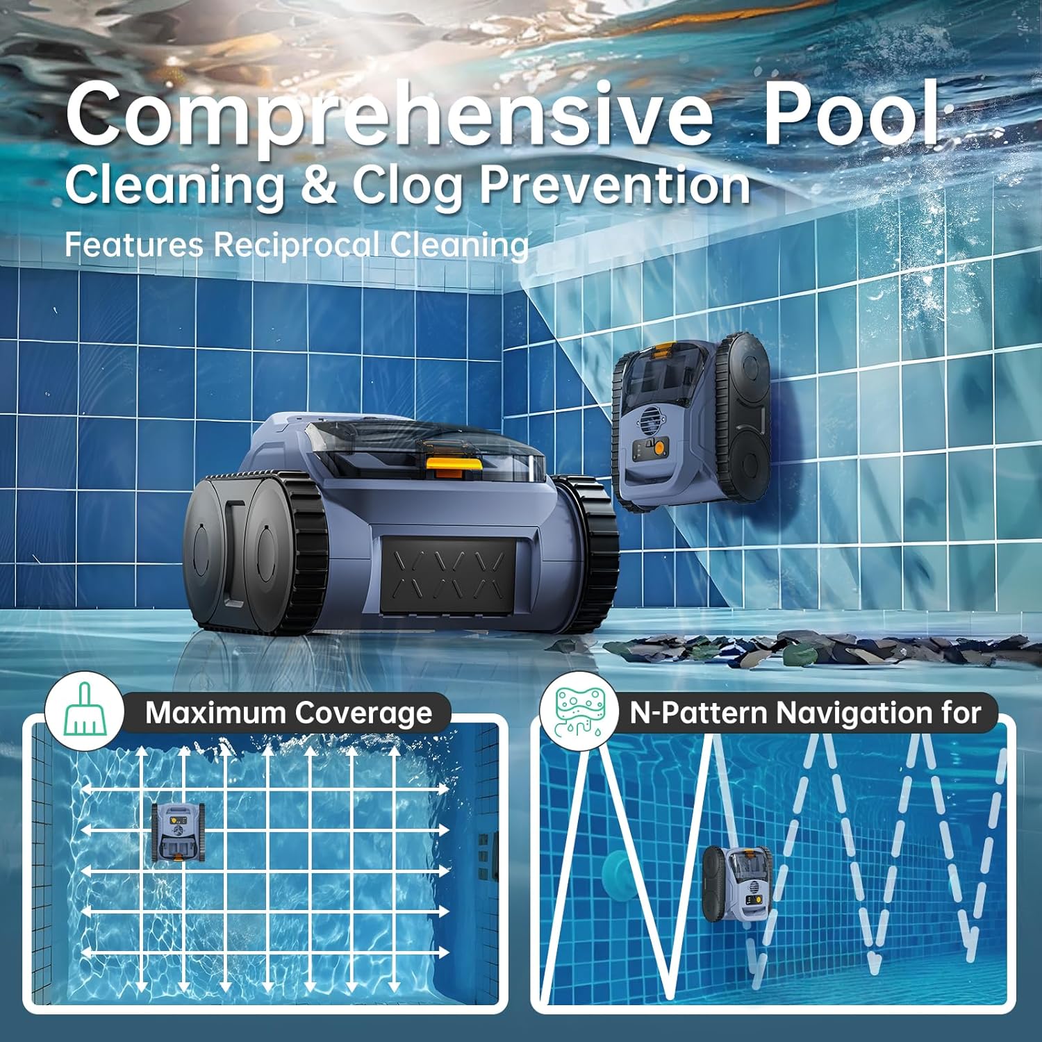 RERIOU Robotic Pool Vacuum showing comprehensive cleaning and N-Pattern Navigation