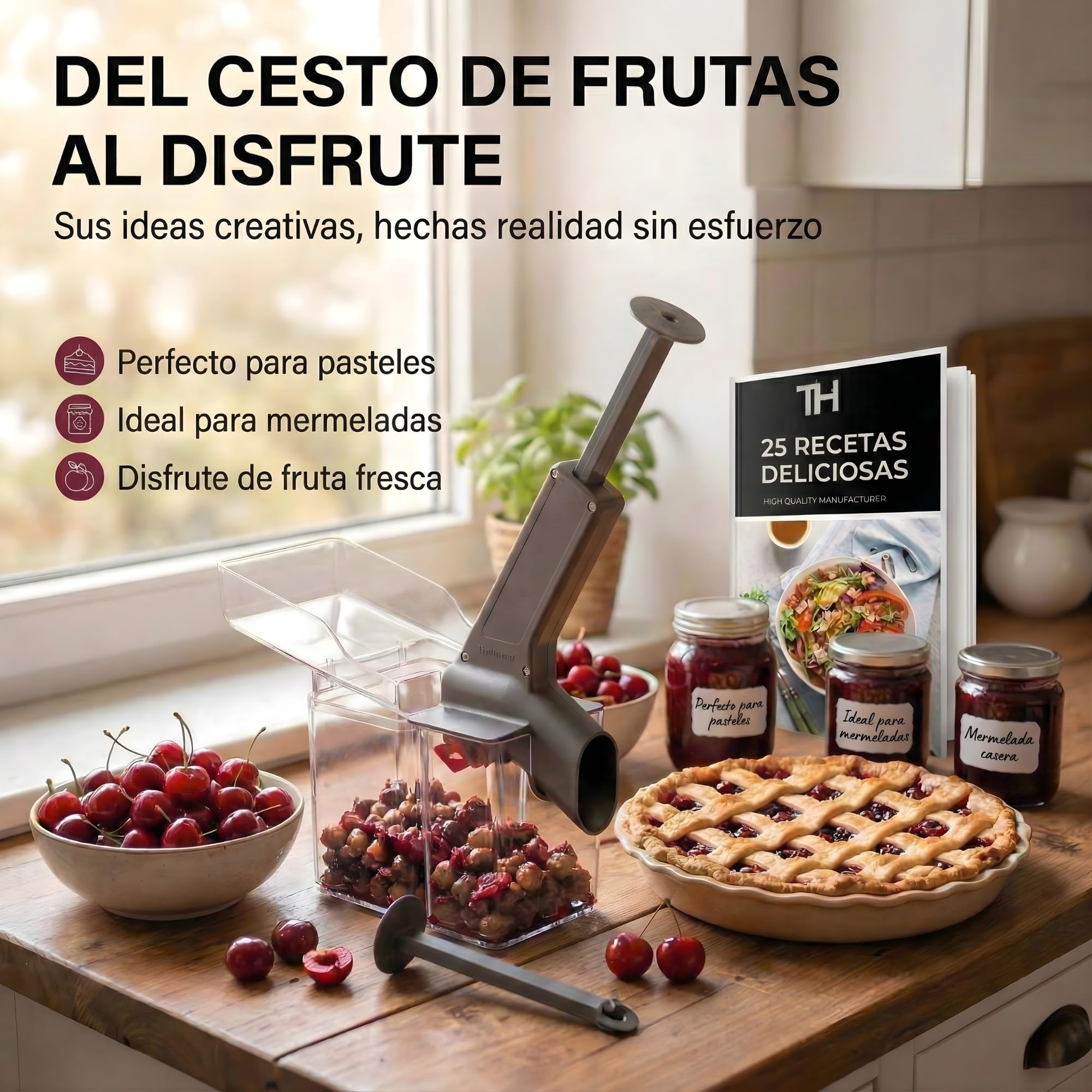 Thiru Descorazonador de cerezas premium - gran capacidad de descorazonado - para cerezas frescas, en conserva, congeladas - con protección contra salpicaduras - Made in Germany