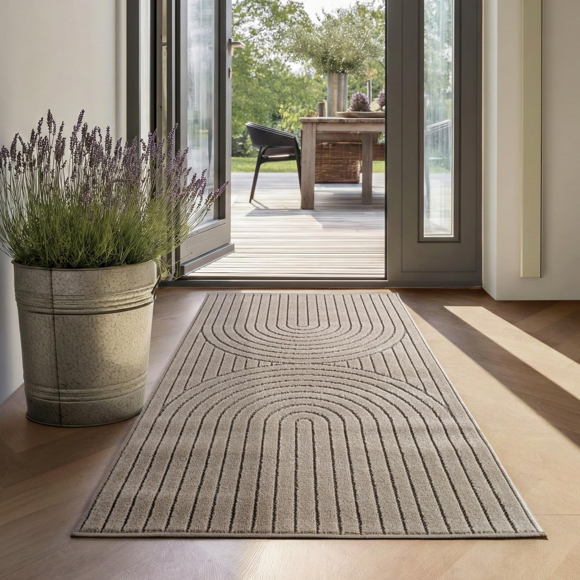 SIMPEX Kurzflor Teppich Wohnzimmer, Schlafzimmer, Küche, 3D Hoch-Tief-Effekt, Skandinavisch Boho Motiv, für Outdoor Bereich geeignet Terrassen oder im Balkon