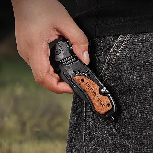 Miniatura 5 de Regalos para hombres, papá, cuchillo de bolsillo grabado, regalo de San Valentín, aniversario, cumpleaños, ideas, cuchillo plegable de madera con