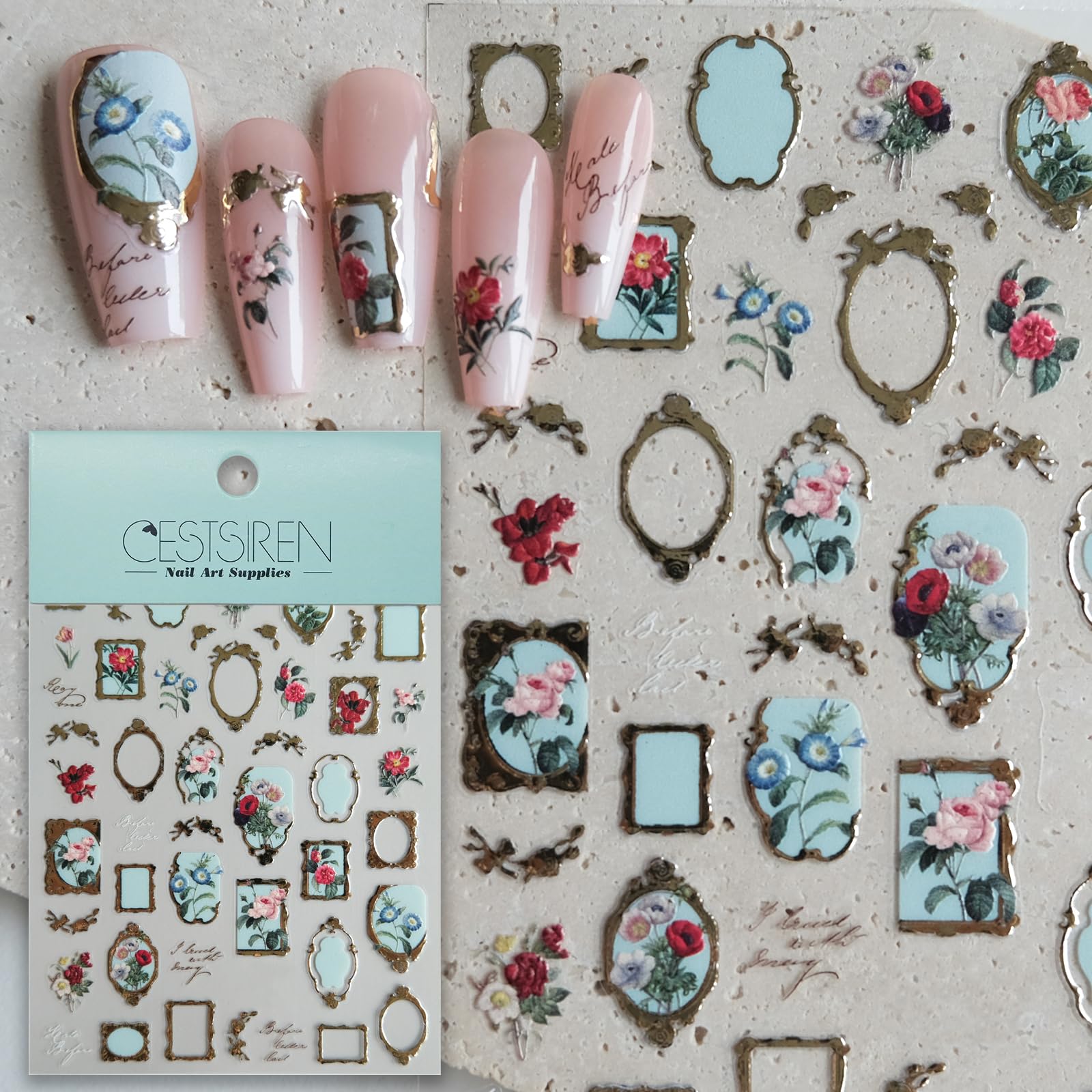 CESTSIREN Golden Frame Flower Nail Art Stickers, Embossed Nail Decals,Vintage Floral for Nail Art Design, Self-Adhesive, Nail Accessories for Women,