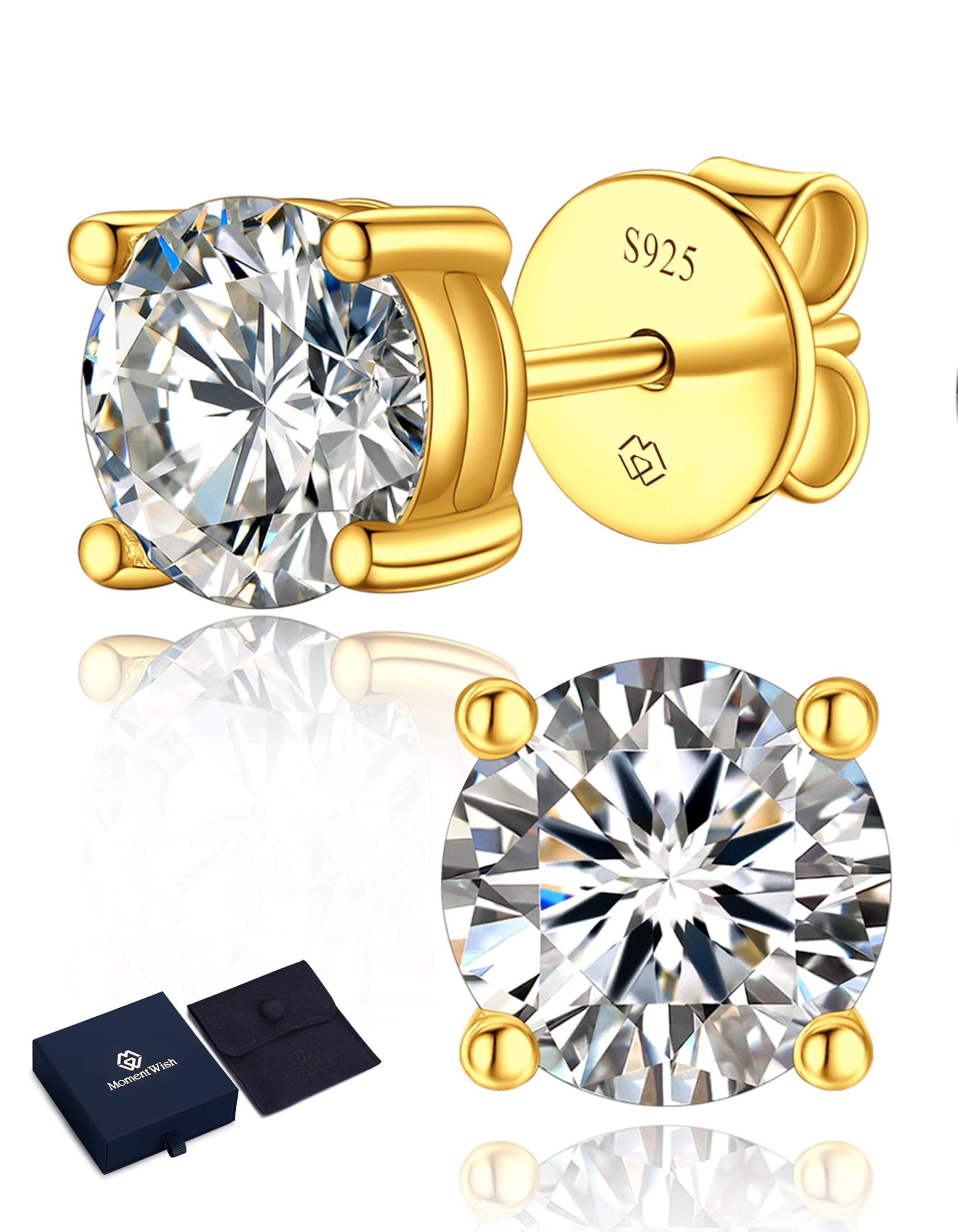 MomentWish Moissanite Ohrringe Gold 585, 0,6/1/2/3 Karat Ohrstecker Rosegold Diamant Echtes Silber Hypoallergen Schmuck Damen Geschenk für Frauen Freundin 4-7,5 mm