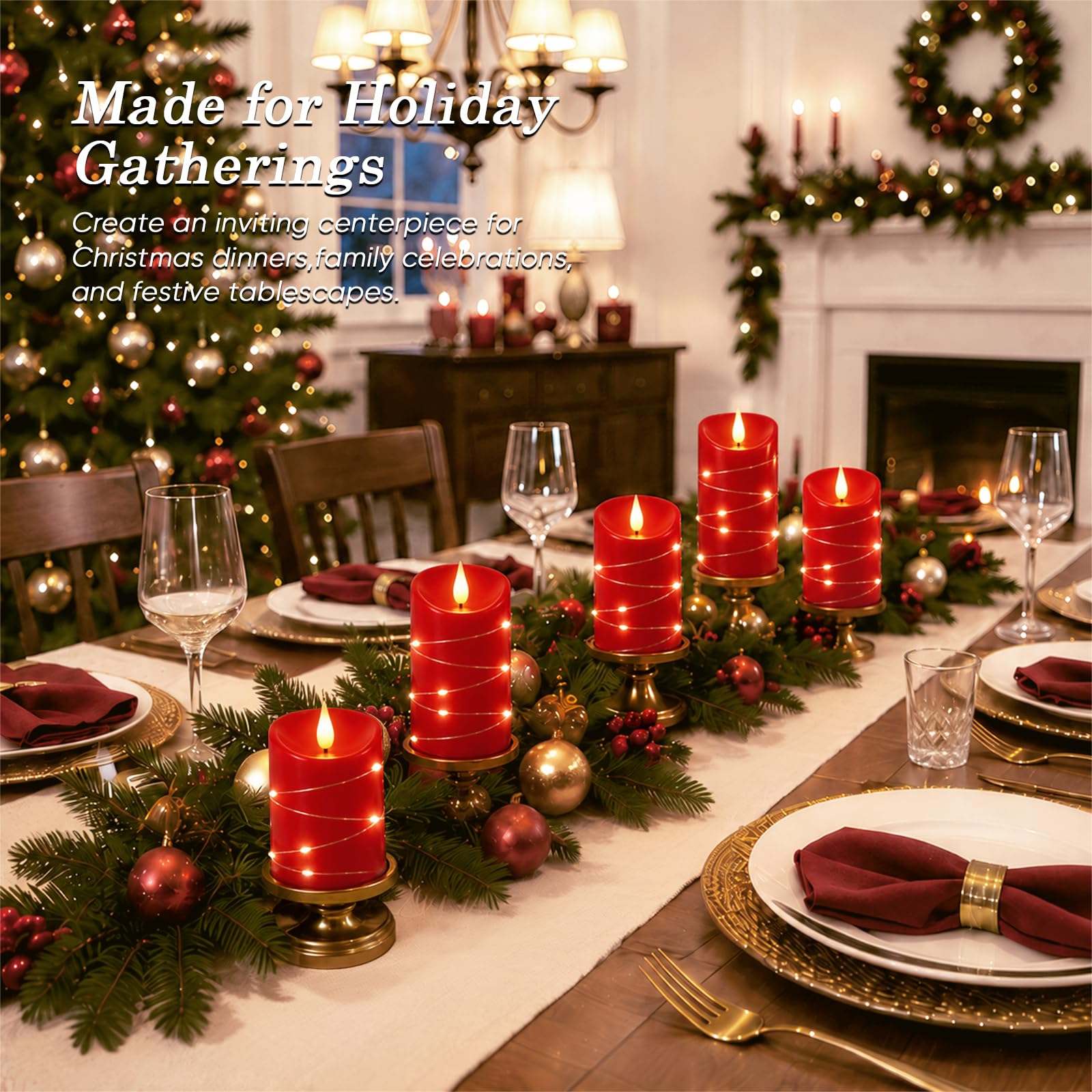 Homemory Candele rosse senza fiamma con luci a corda, confezione da 3 candele a LED in vera cera con stoppini 3D, candele a batteria con telecomando a 11 tasti e timer, per decorazioni natalizie, 7,6