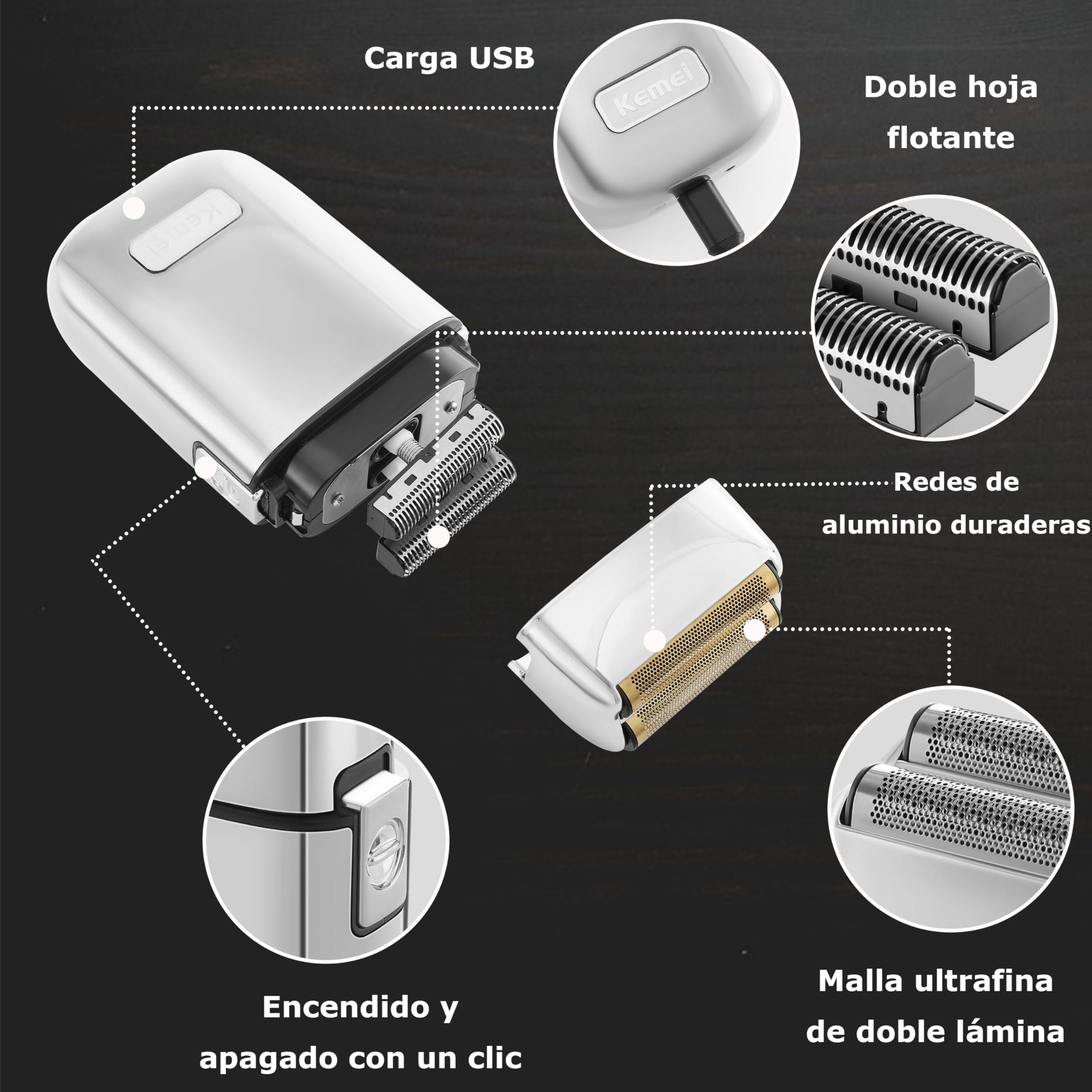 Kemei Máquina de Afeitar TX1, Cerrar Afeitadora Eléctrica Hombre, EasyClean,Tipo C Recargable para Afeitado Húmedo/Seco, Plateado
