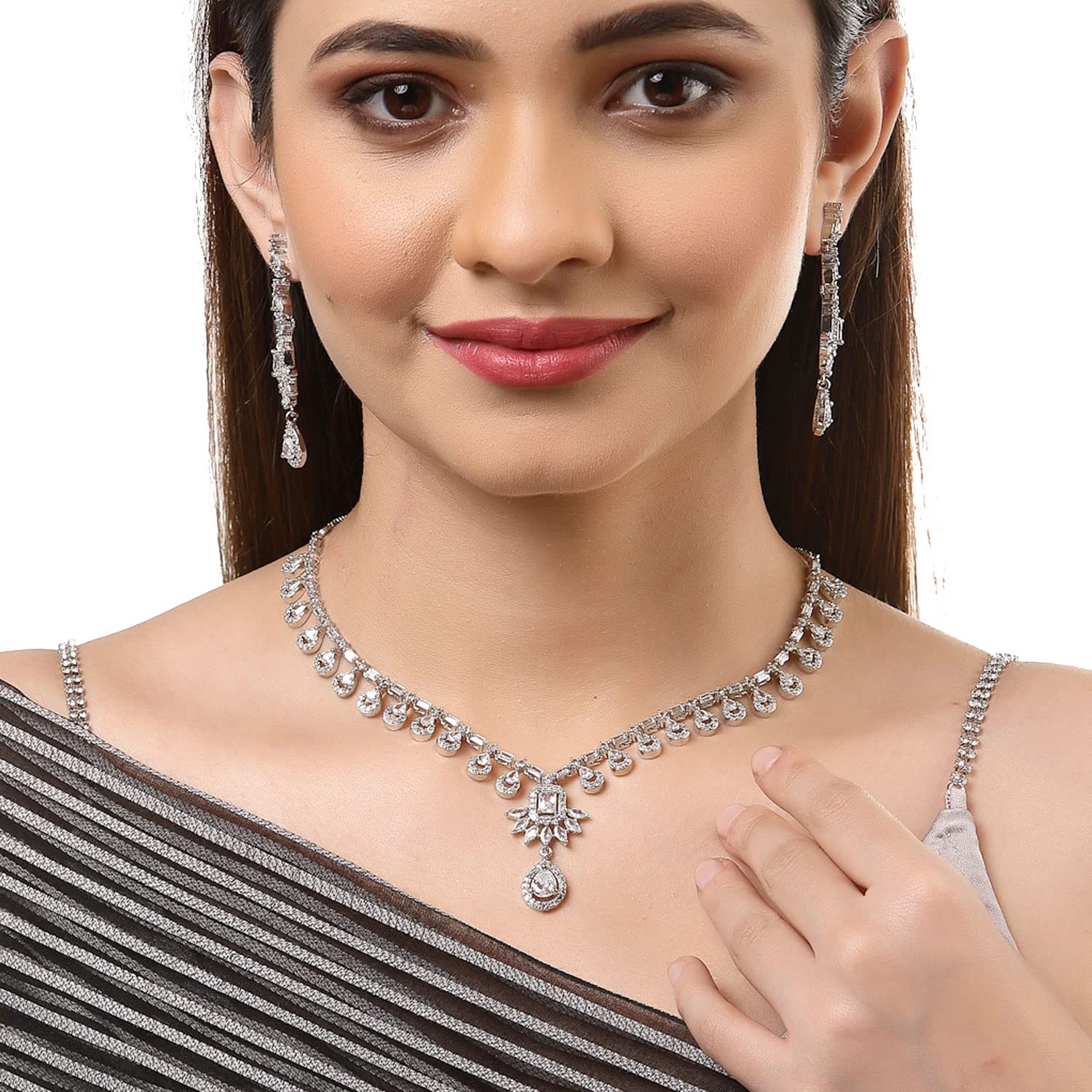 Elegant Rhodium Plated Necklace Set with American Diamond Studs