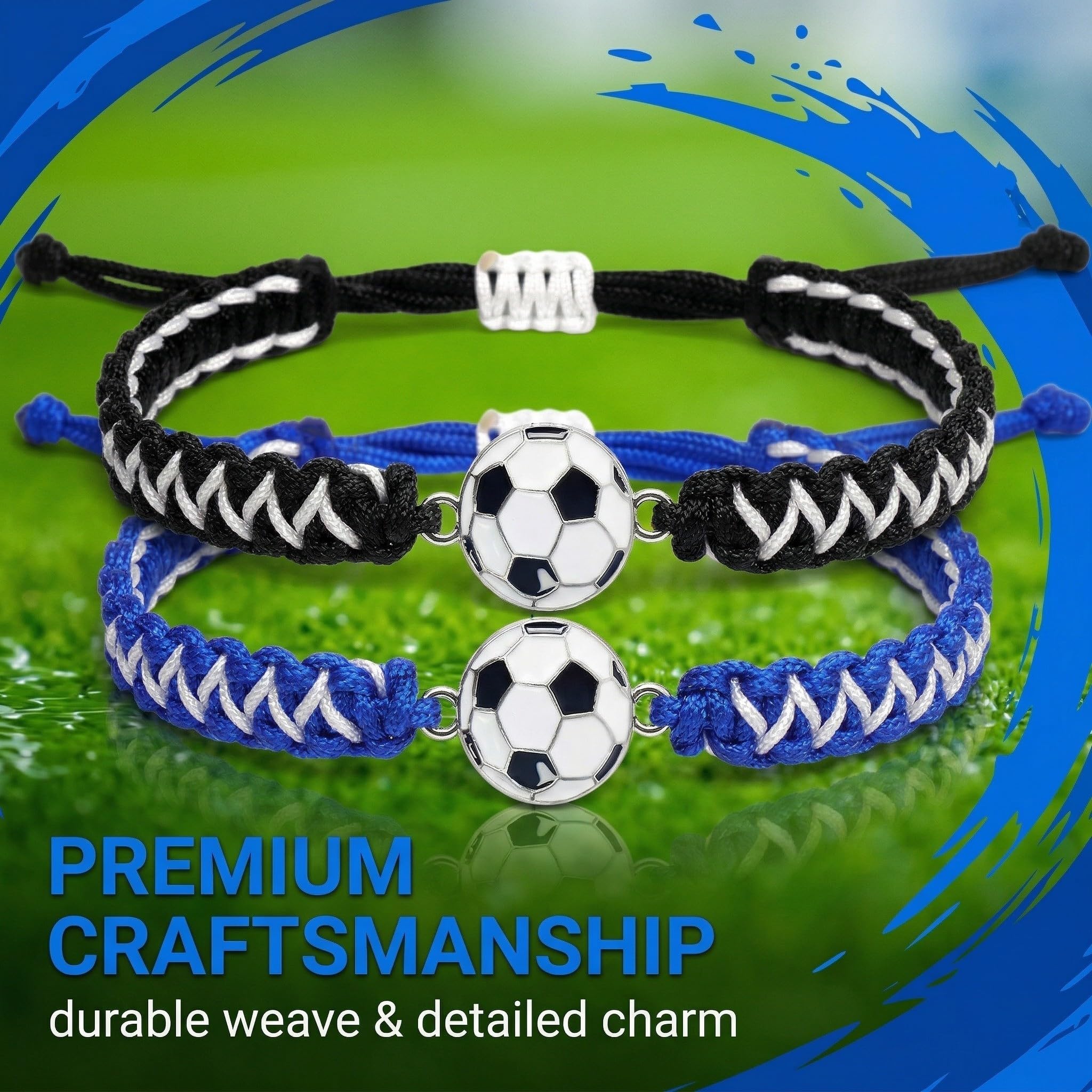 Lot de 2 Bracelets Football Tressés pour Garçon et Enfant, Bracelet d'Amitié Sport Ajustable (14-28cm), Idée Cadeau Anniversaire Footballeur et Supporter, Noir/Blanc et Bleu/Blanc