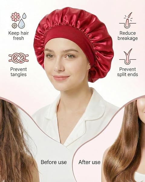 lulir Gorro de Seda para Dormir 2 Piezas - Gorro Saten Pelo Rizado con 2 Coleteros, Silk Bonnet Ajustable con Banda Elástica, Suave Antifrizz Cuidado del Cabello, para Mujer y Niña - 5