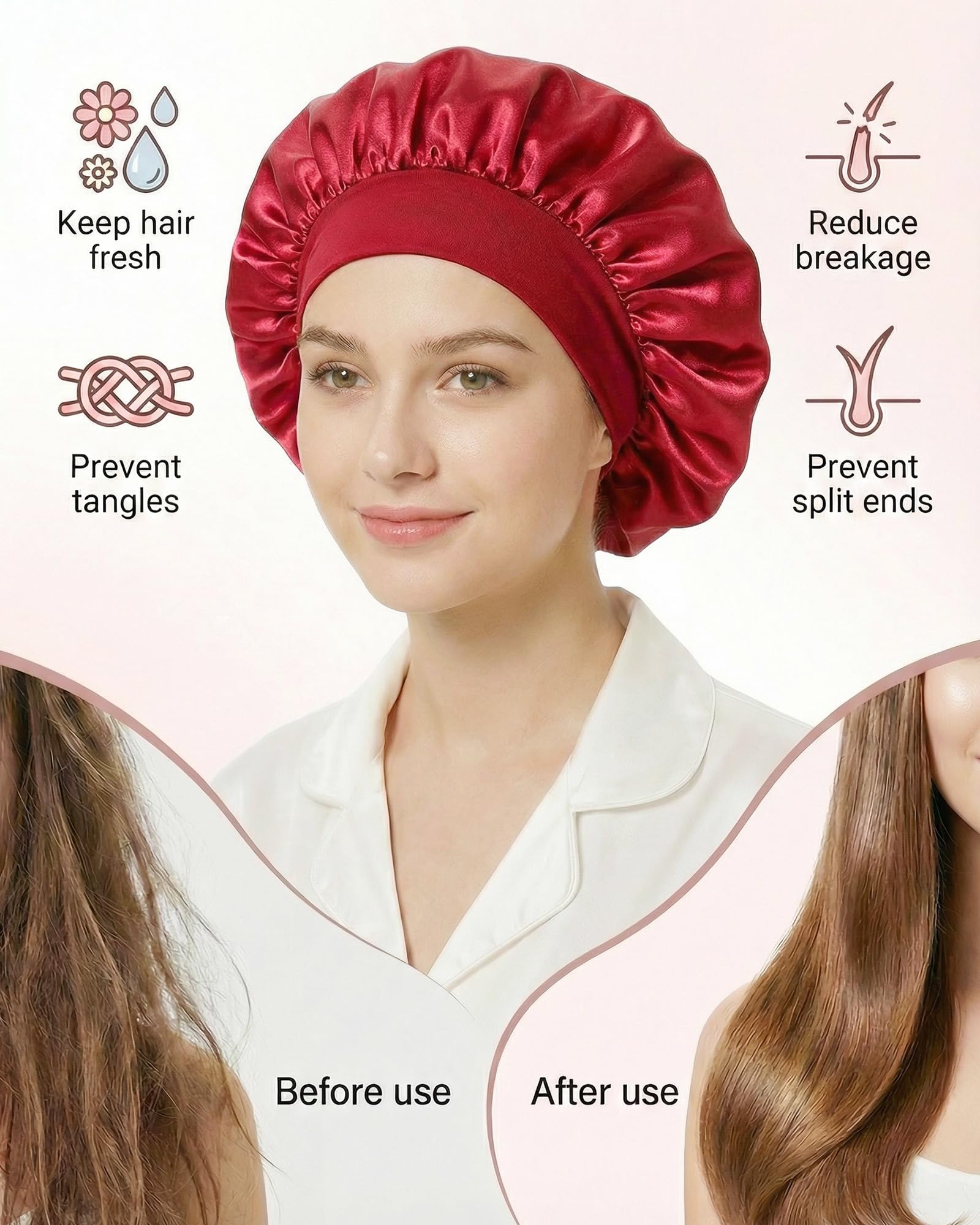 lulir Gorro de Seda para Dormir 2 Piezas - Gorro Saten Pelo Rizado con 2 Coleteros, Silk Bonnet Ajustable con Banda Elástica, Suave Antifrizz Cuidado del Cabello, para Mujer y Niña — view 5
