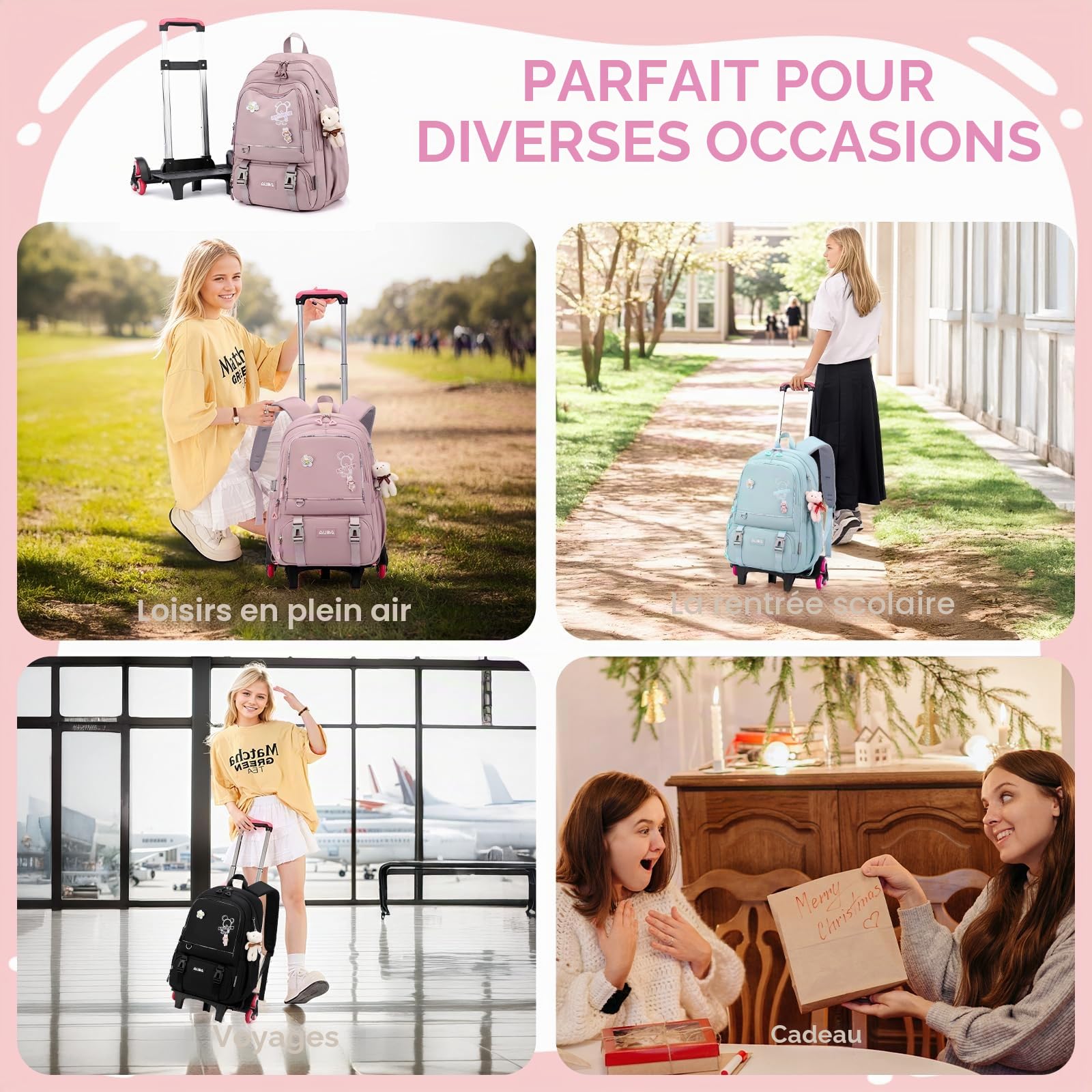 Amythe Cartable à Roulettes pour Fille Collège, Chariot Amovible, Violet