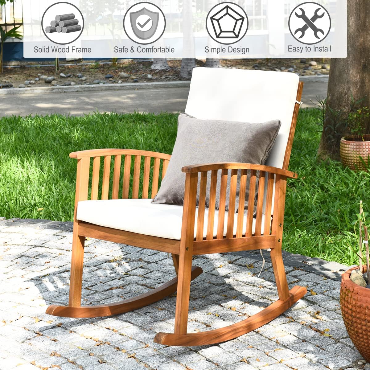 DORTALA 2PCS Outdoor Acacia Wood Rocking Chair, Wooden Rocker w/Detachable Washable Cushions, Rocker for Porch Garden Patio Balcony Pool Indoor