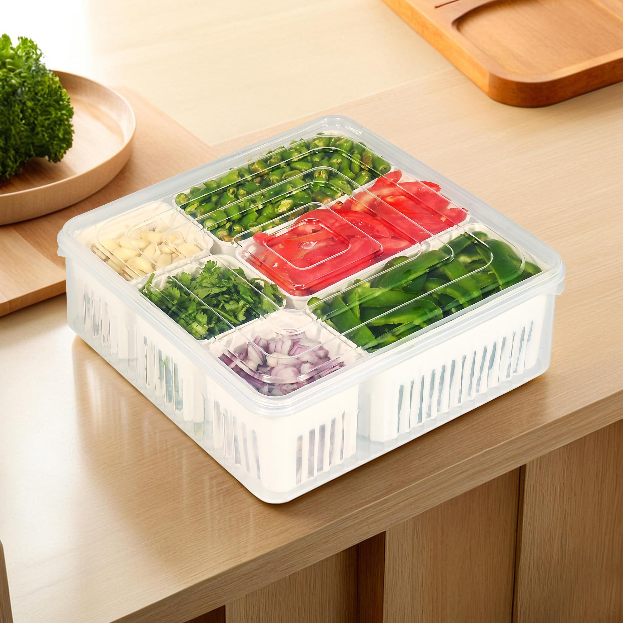 Fridge Organizers Storage Box Set | 6 Compartments Chopped Vegetable & Grocery Container For Refrigerators | Drawer & Kitchen Accessories Items Box | Transparent White